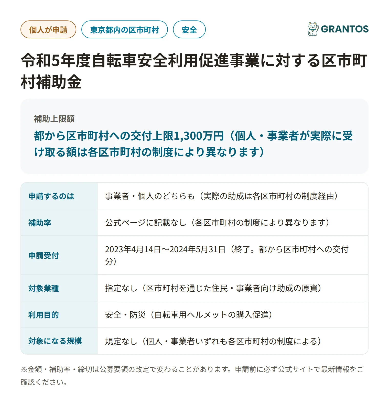 自転車安全利用促進事業に対する区市町村補助金の対象・金額・締切の概要