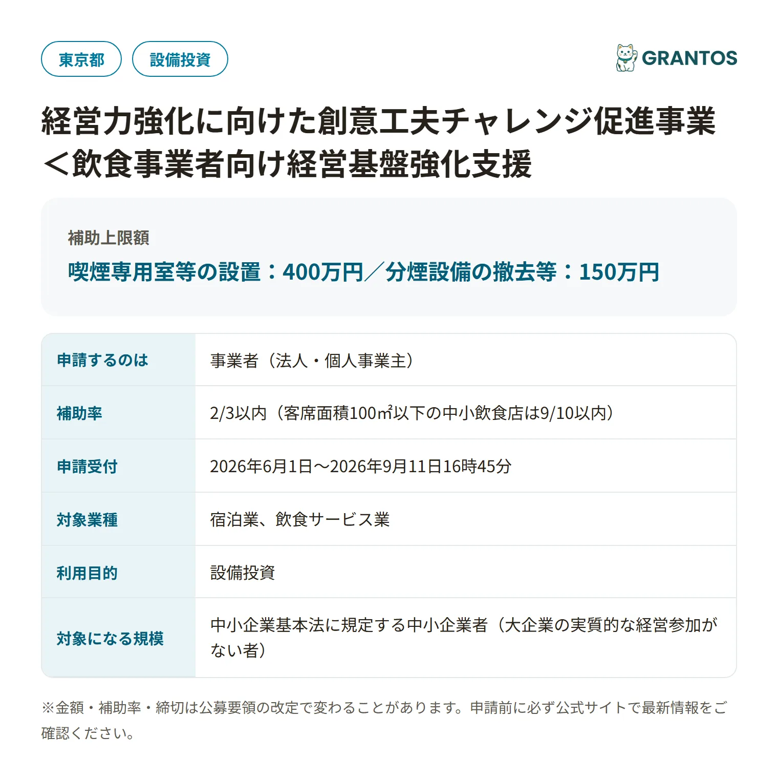経営力強化に向けた創意工夫チャレンジ促進事業(受動喫煙防止対策支援コース)の対象・金額・締切の概要