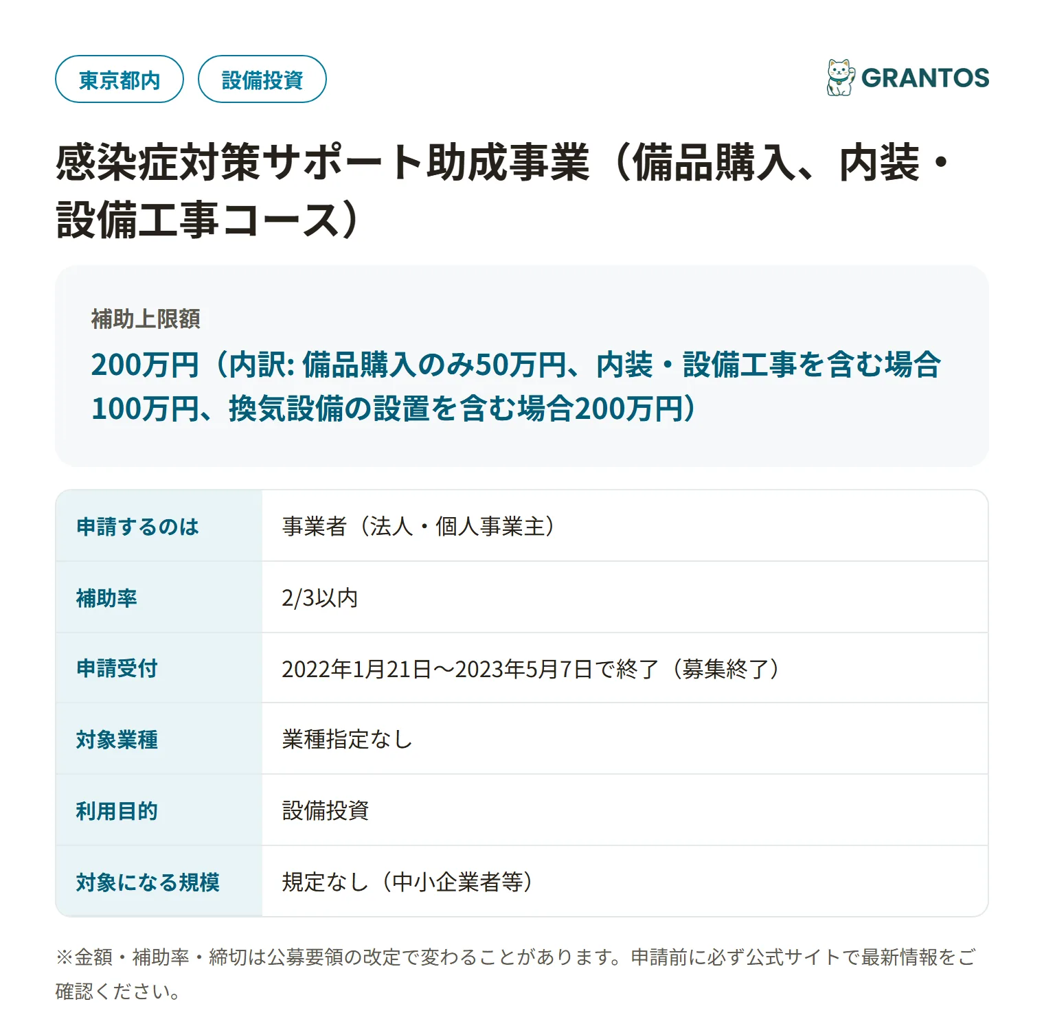 感染症対策サポート助成事業(備品購入、内装・設備工事コース)の対象・金額・締切の概要