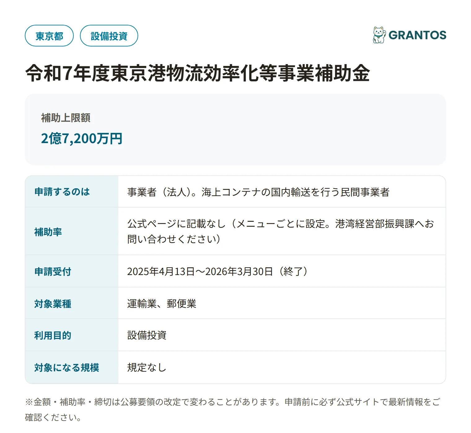 東京港物流効率化補助金の対象・金額・締切の概要