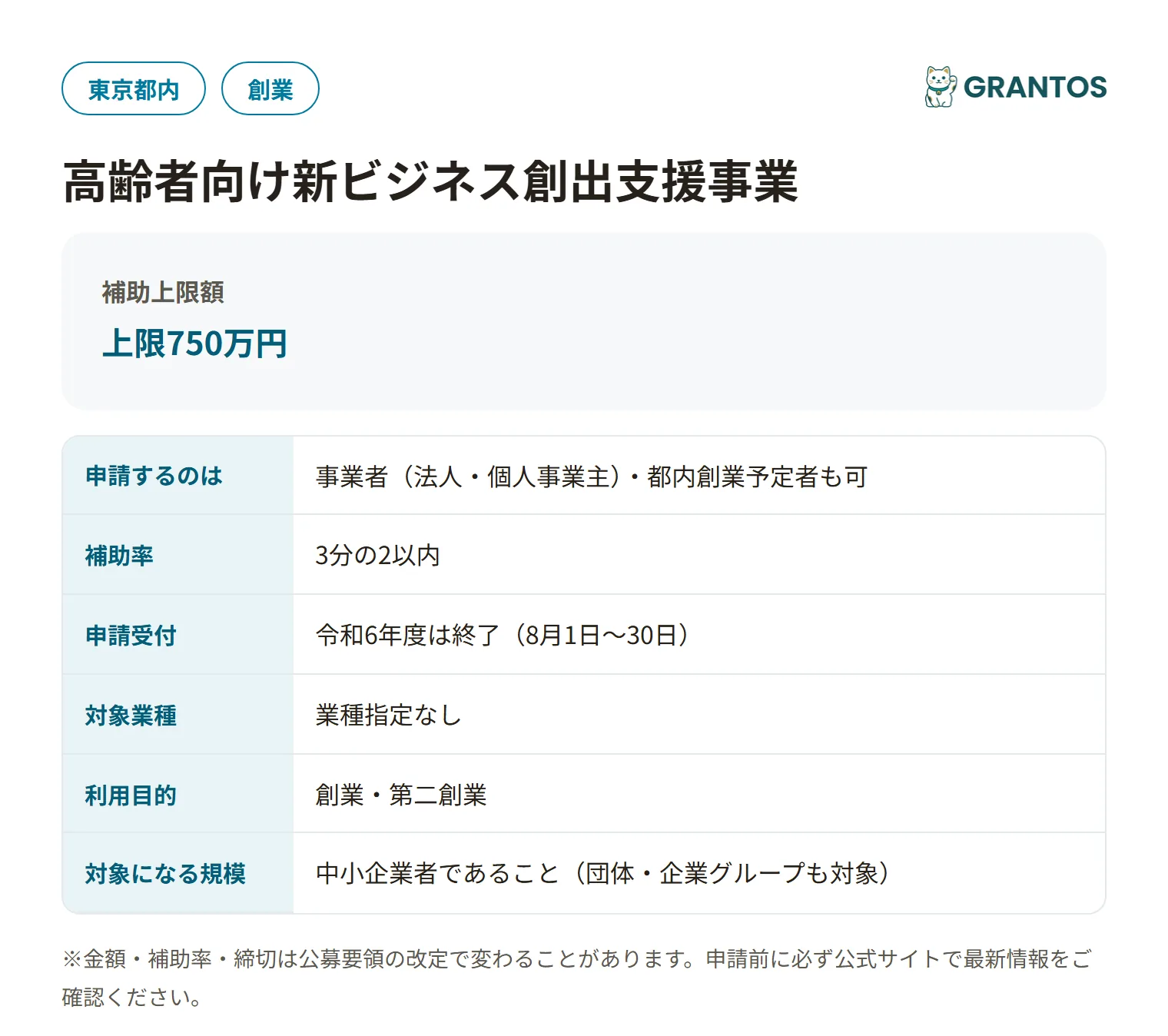 高齢者向け新ビジネス創出支援事業の対象・金額・締切の概要