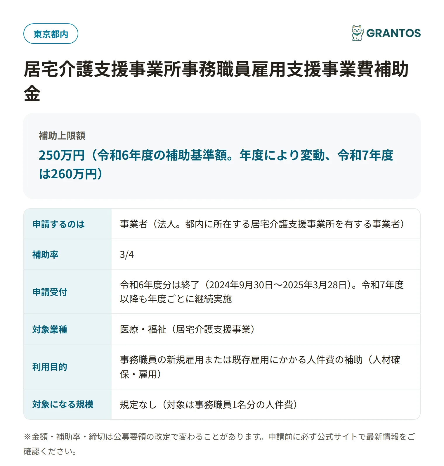 居宅介護支援事業所事務職員雇用支援補助金の対象・金額・締切の概要