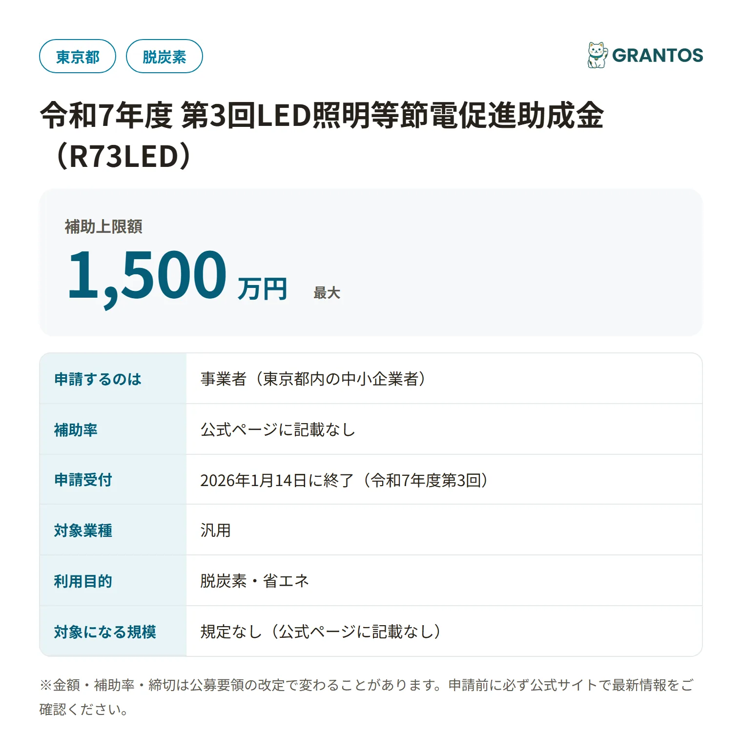 LED照明等節電促進助成金（第3回）の対象・金額・締切の概要