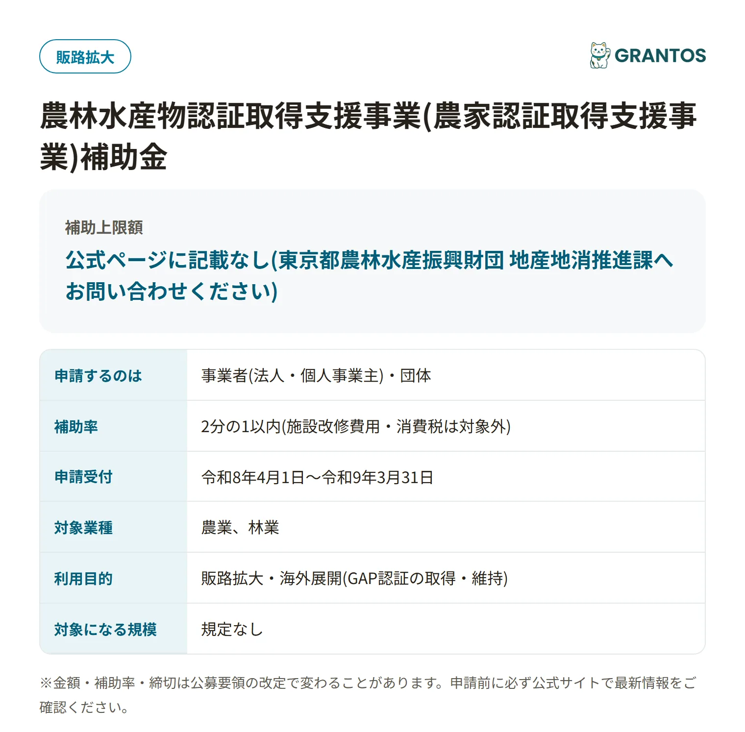 農家認証取得支援事業補助金の対象・金額・締切の概要