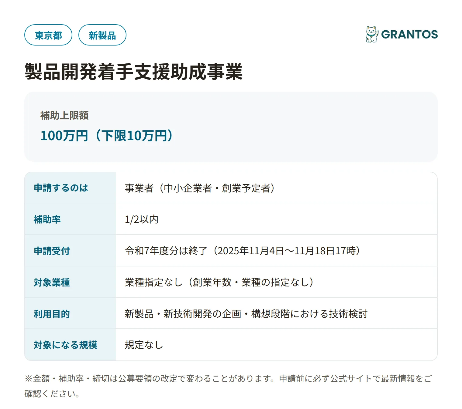 製品開発着手支援助成事業の対象・金額・締切の概要