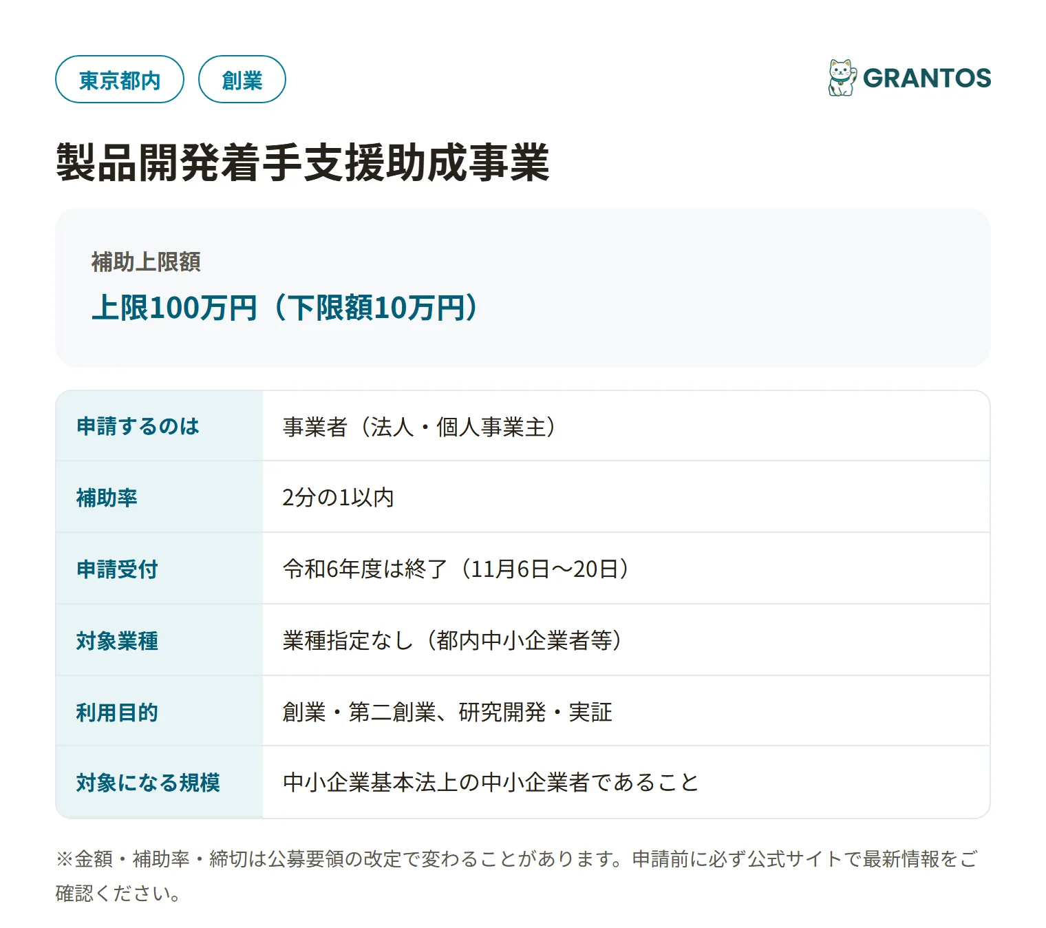 製品開発着手支援助成事業の対象・金額・締切の概要