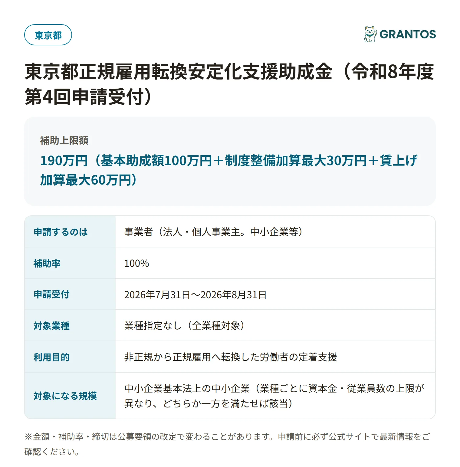 正規雇用転換安定化支援助成金の対象・金額・締切の概要