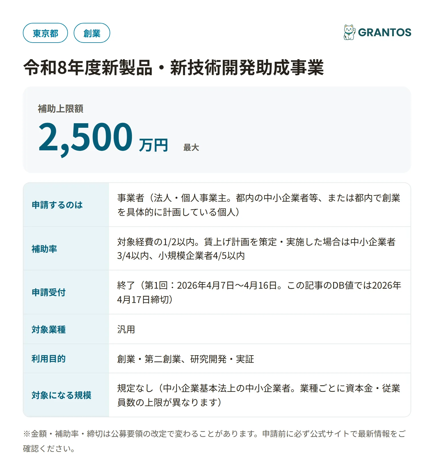 令和8年度新製品・新技術開発助成事業の対象・金額・締切の概要