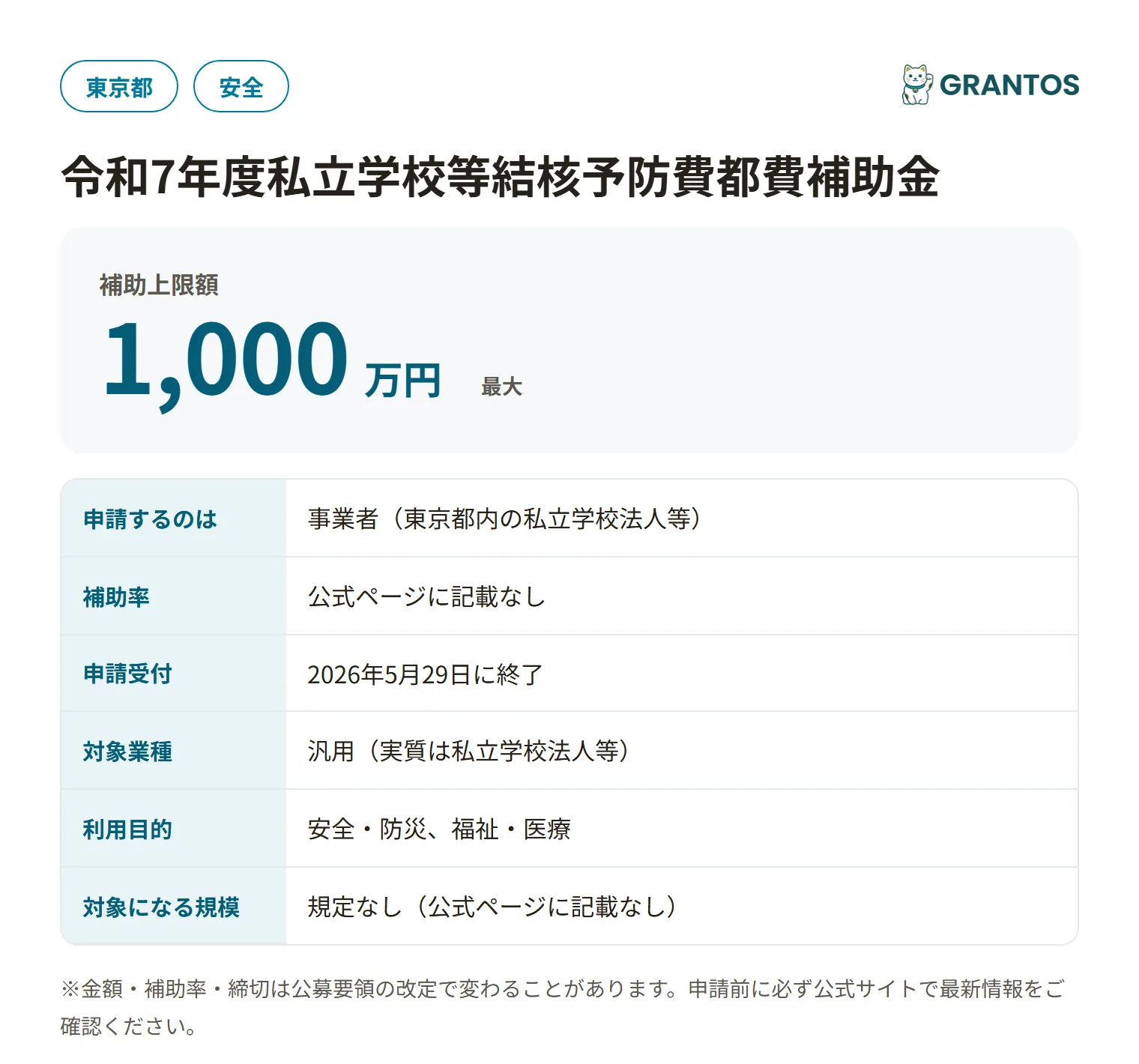 私立学校等結核予防費都費補助金の対象・金額・締切の概要