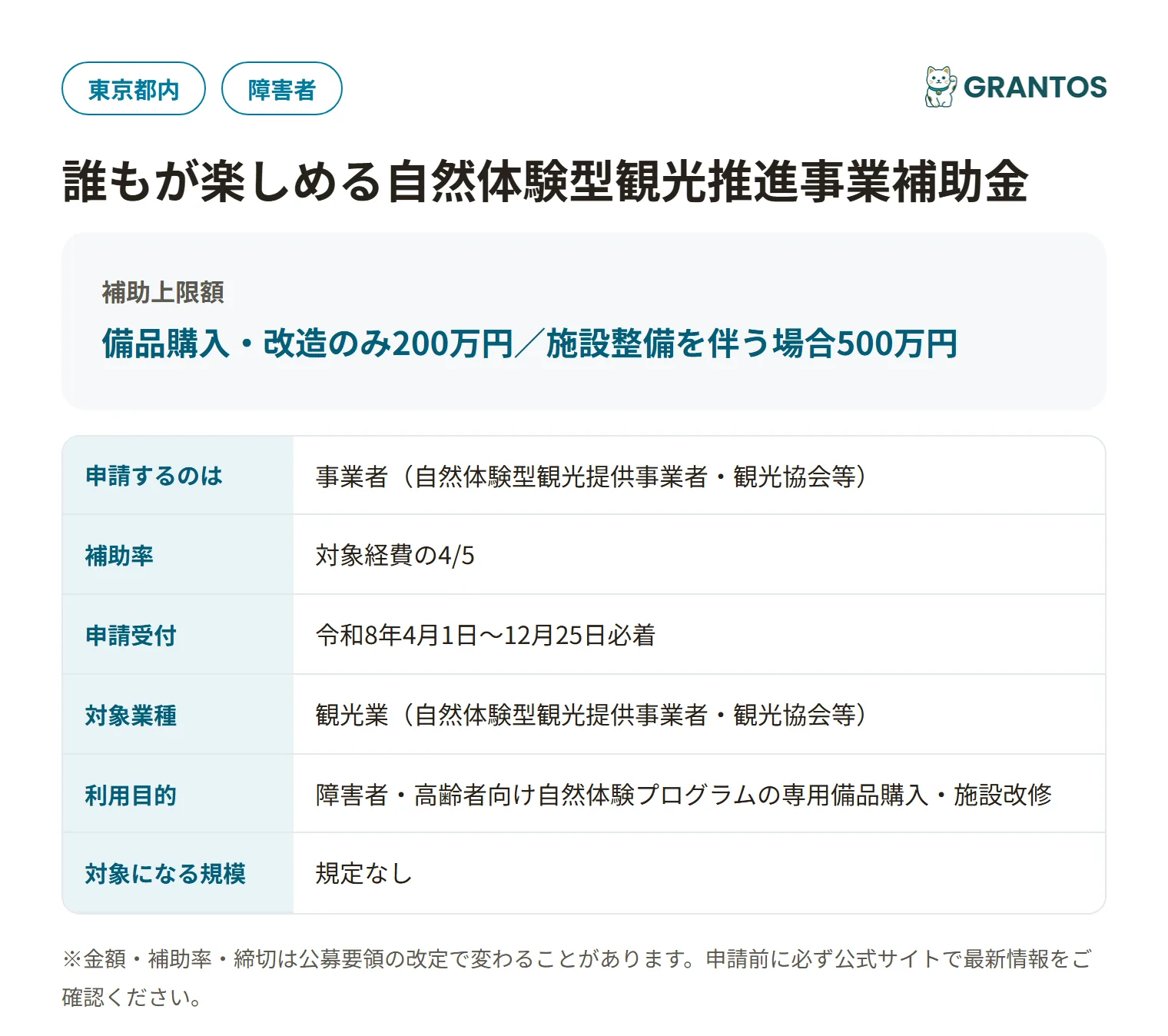 東京都誰もが楽しめる自然体験型観光推進事業補助金の対象・金額・締切の概要