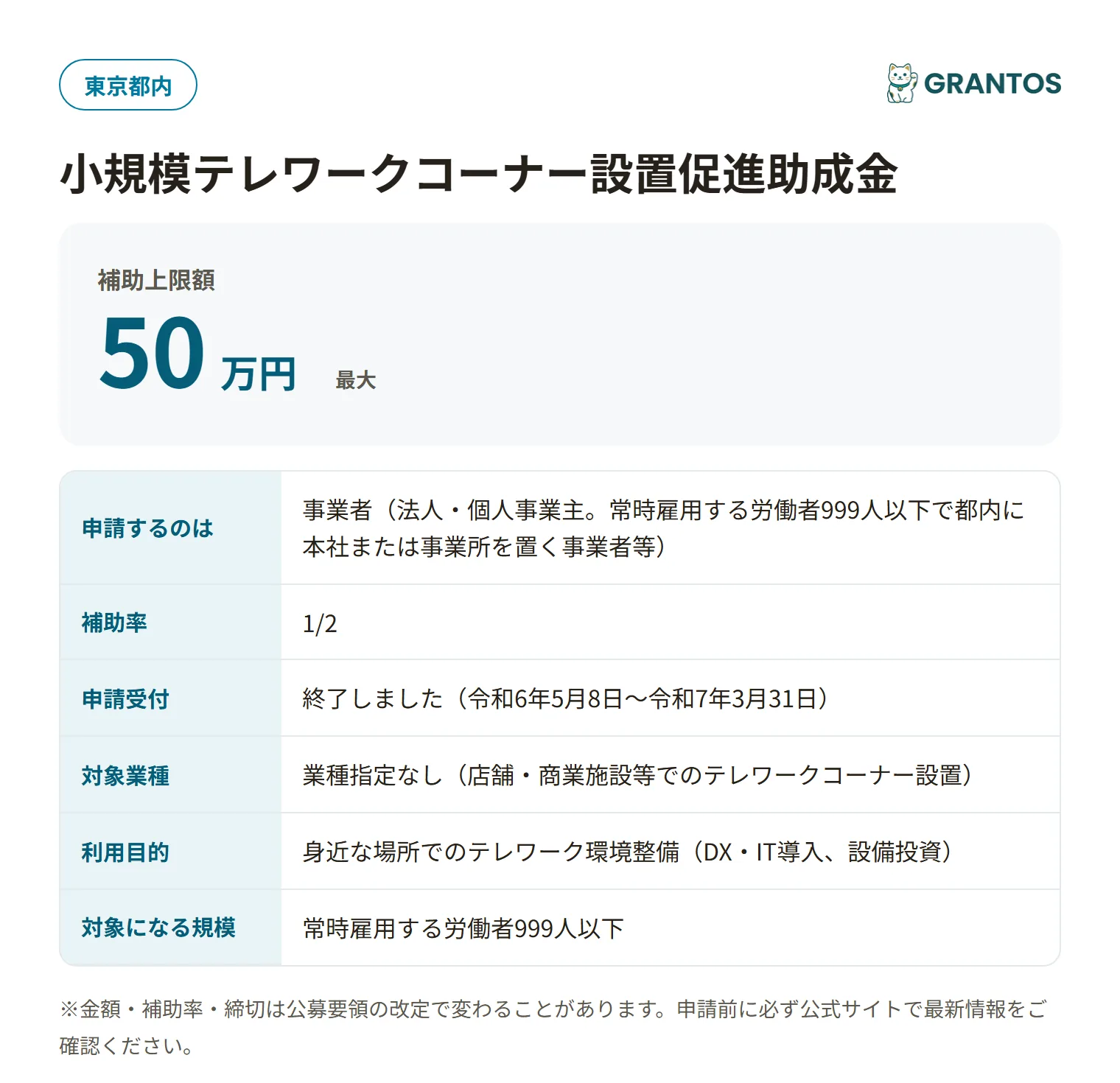 小規模テレワークコーナー設置促進助成金の対象・金額・締切の概要