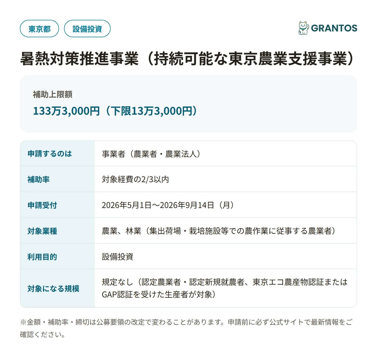暑熱対策推進事業の対象・金額・締切の概要