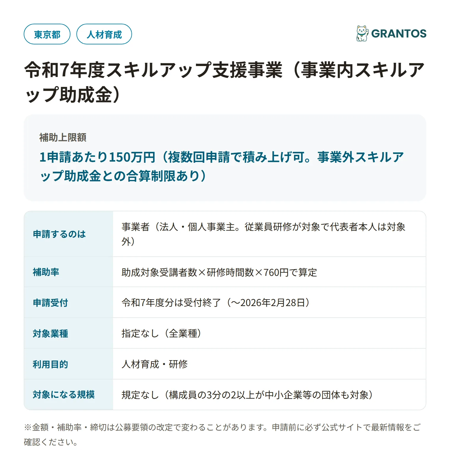 東京都事業内スキルアップ助成金の対象・金額・締切の概要