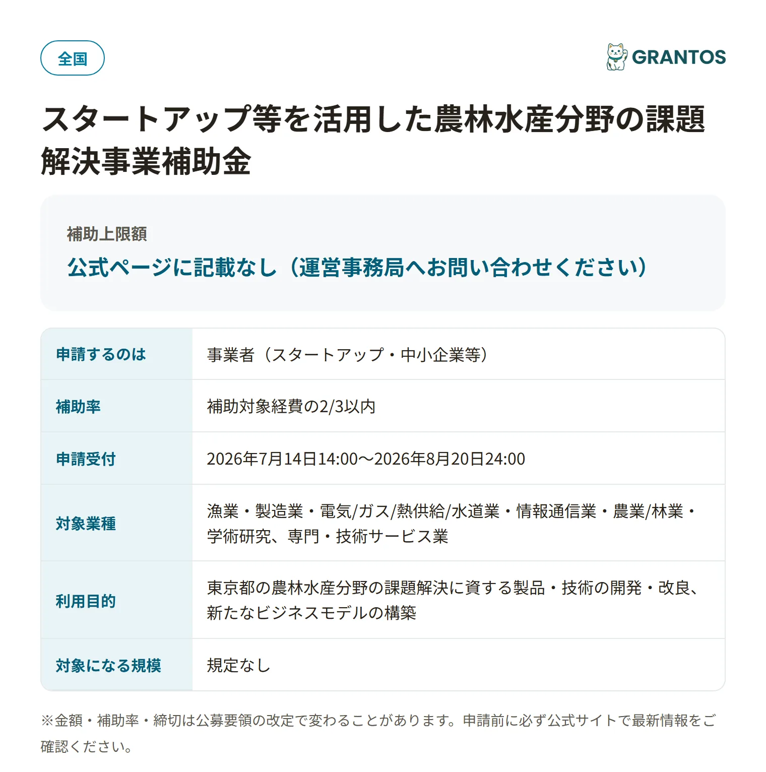 スタートアップ等を活用した農林水産分野の課題解決事業補助金の対象・金額・締切の概要