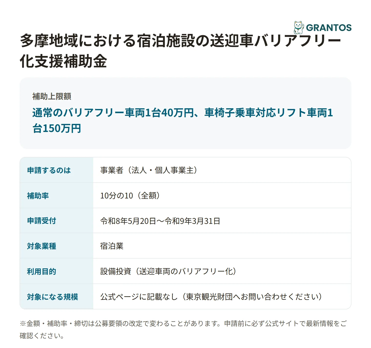 多摩地域における宿泊施設の送迎車バリアフリー化支援補助金の対象・金額・締切の概要