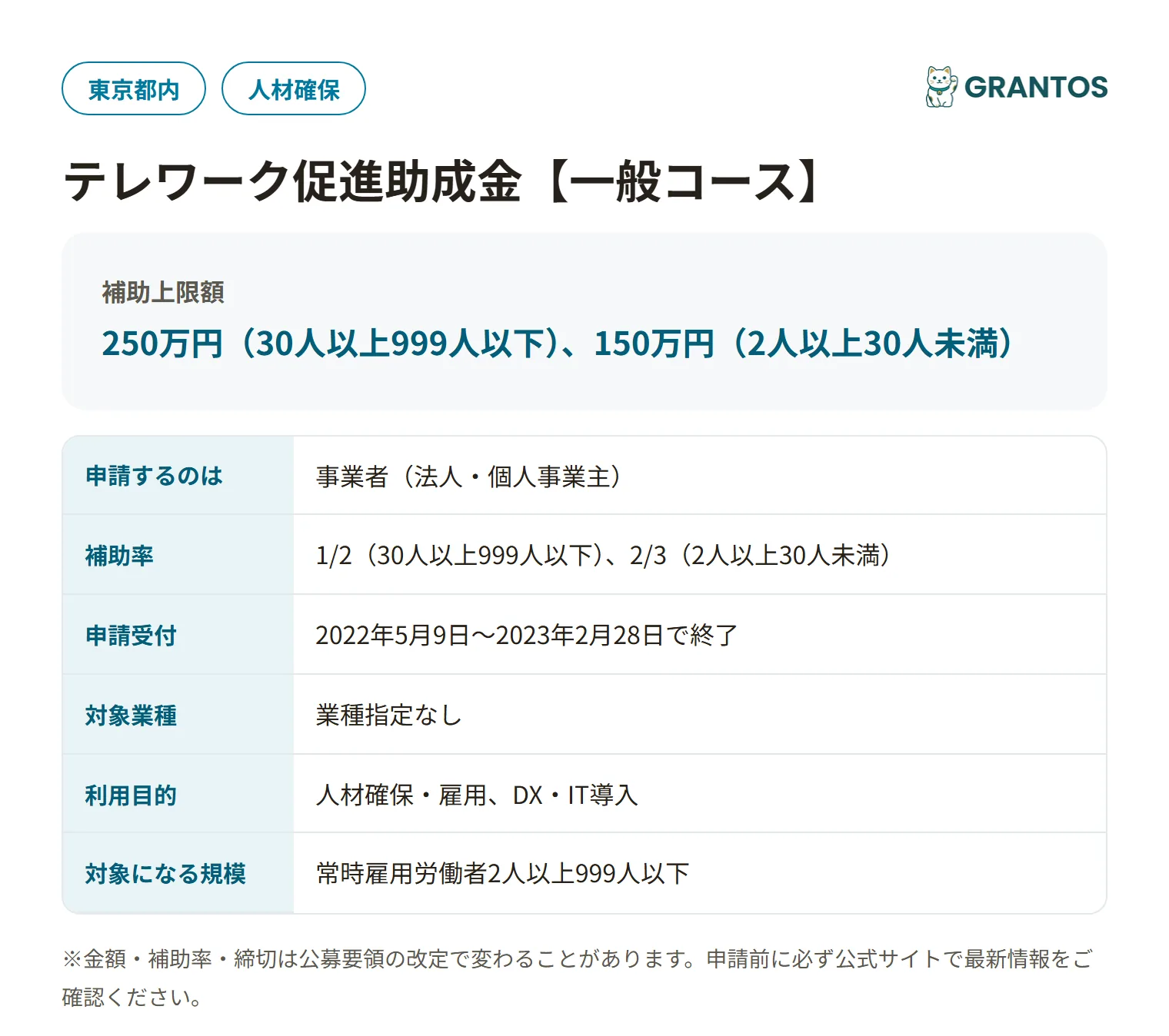 テレワーク促進助成金【一般コース】(令和4年度)の対象・金額・締切の概要