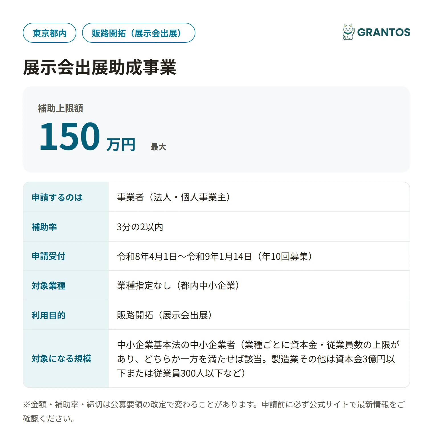 展示会出展助成の対象・金額・締切の概要