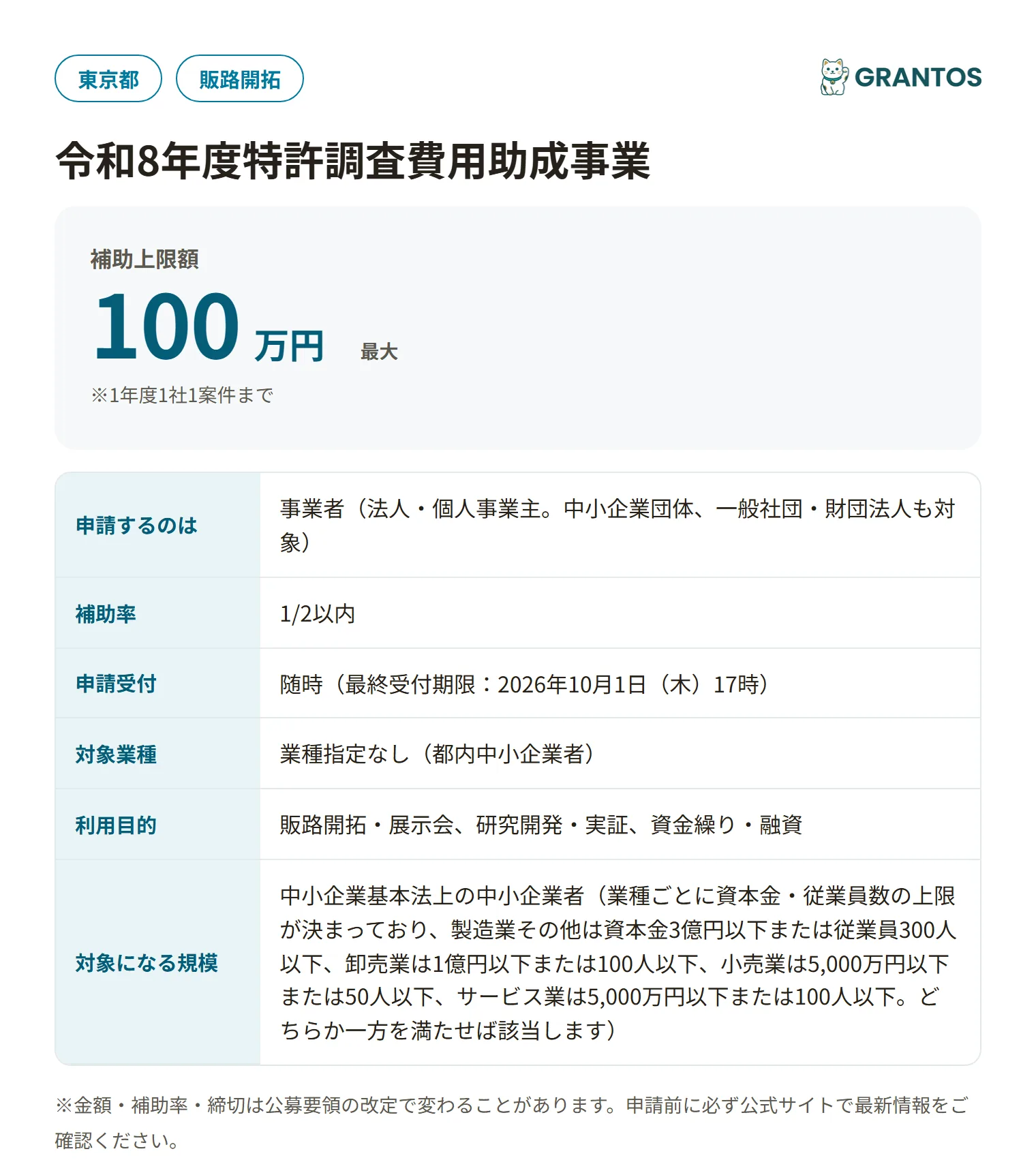 令和8年度特許調査費用助成事業の対象・金額・締切の概要