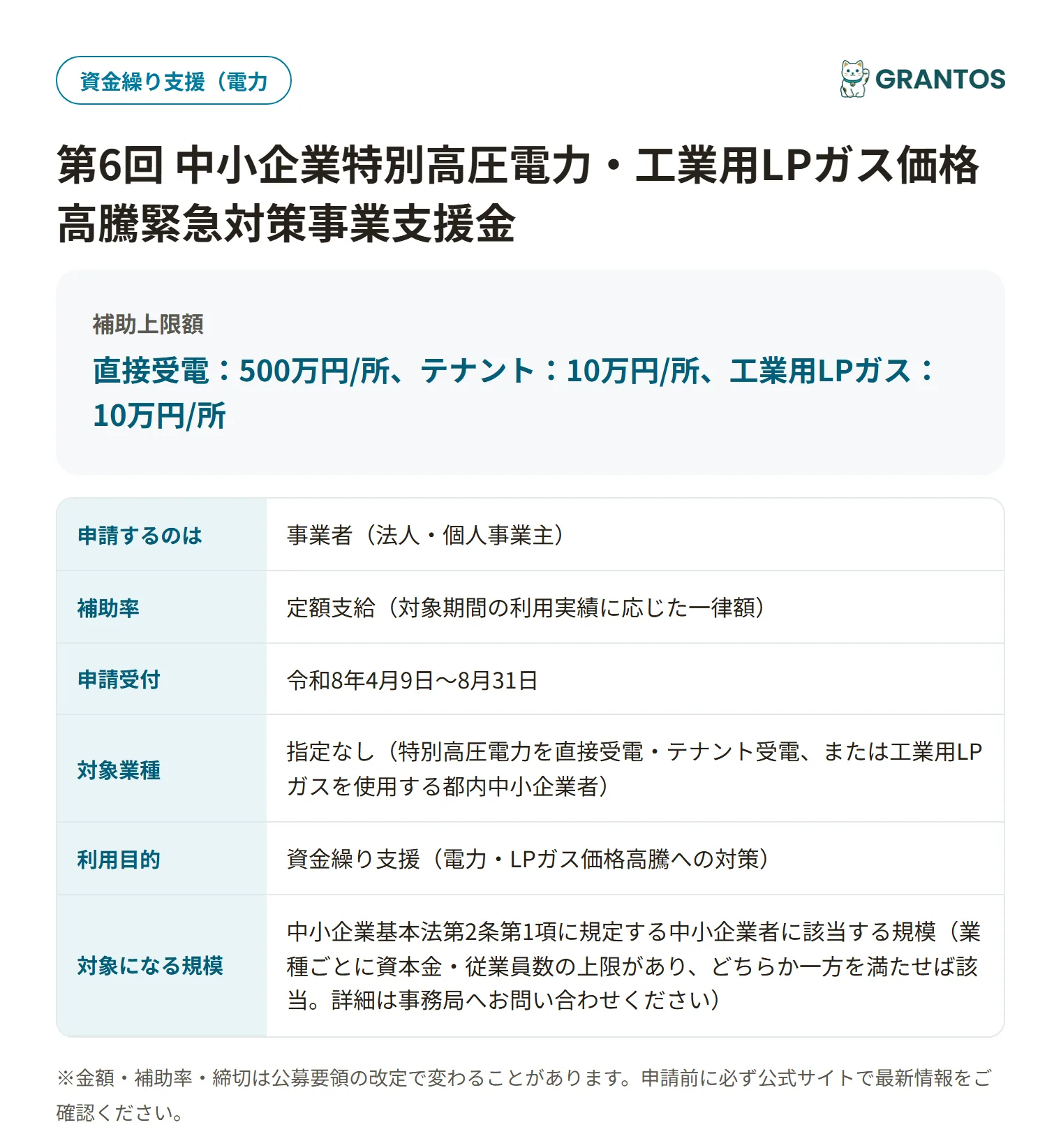 特別高圧電力・LPガス支援金の対象・金額・締切の概要