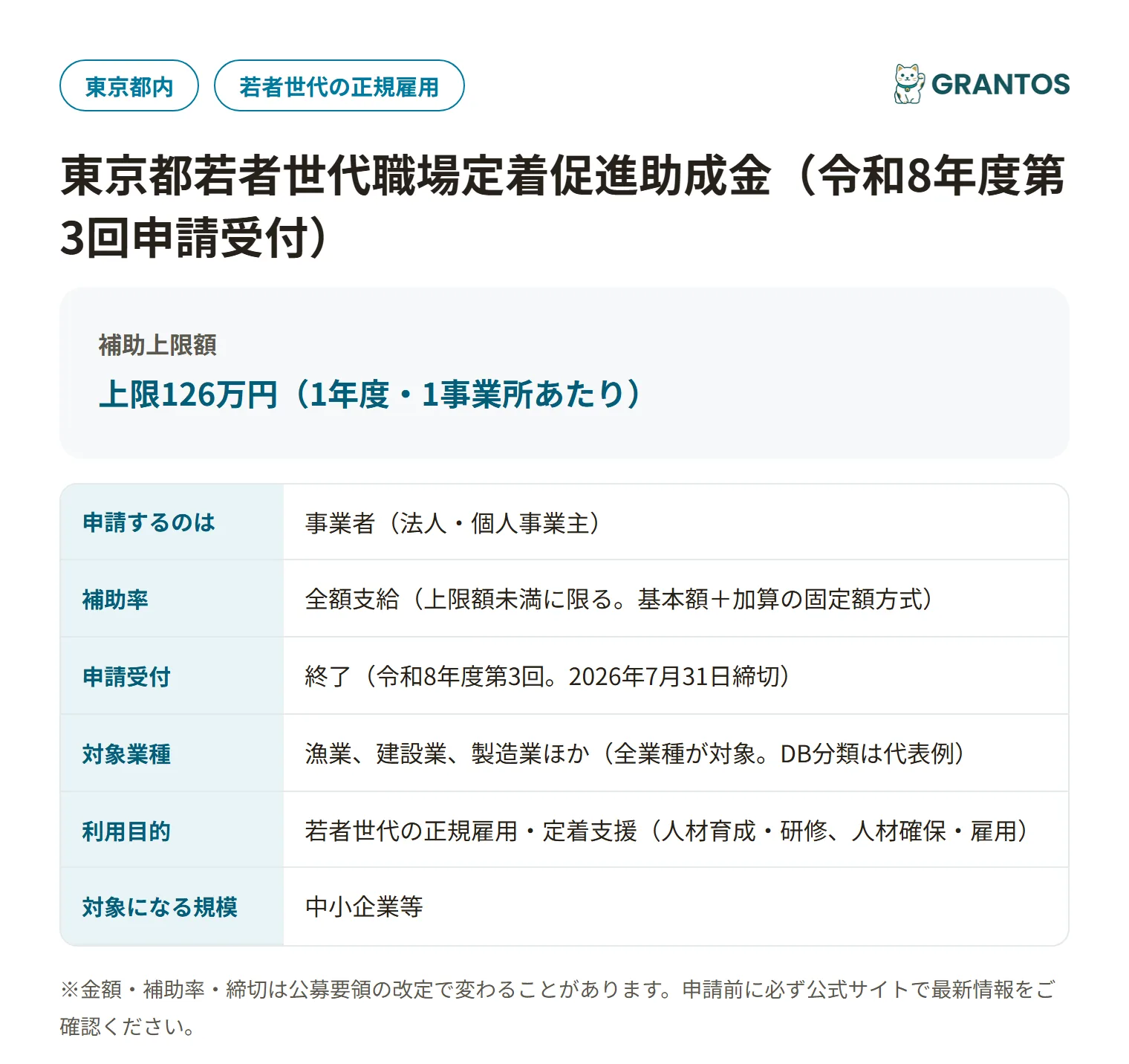 東京都若者世代職場定着促進助成金の対象・金額・締切の概要