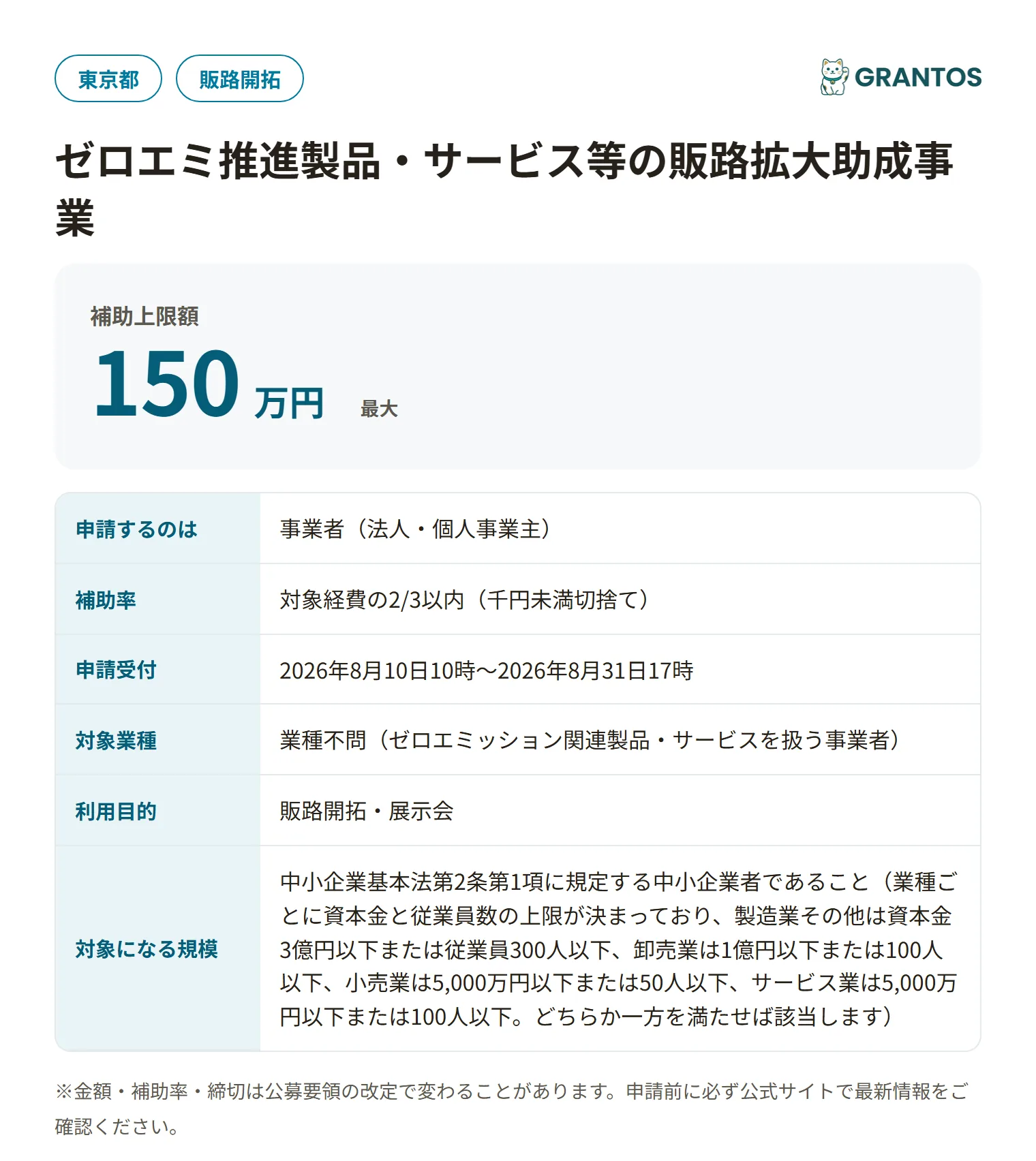ゼロエミ推進製品・サービス等の販路拡大助成事業の対象・金額・締切の概要