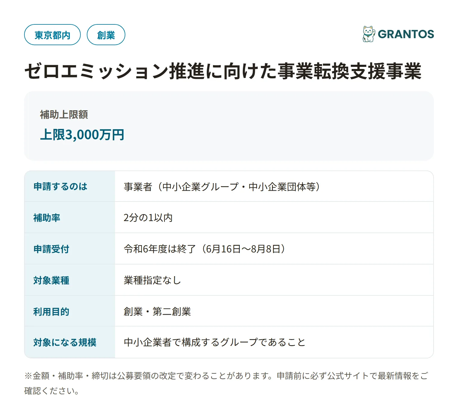 ゼロエミッション推進に向けた事業転換支援事業製品開発助成金(共同申請)の対象・金額・締切の概要