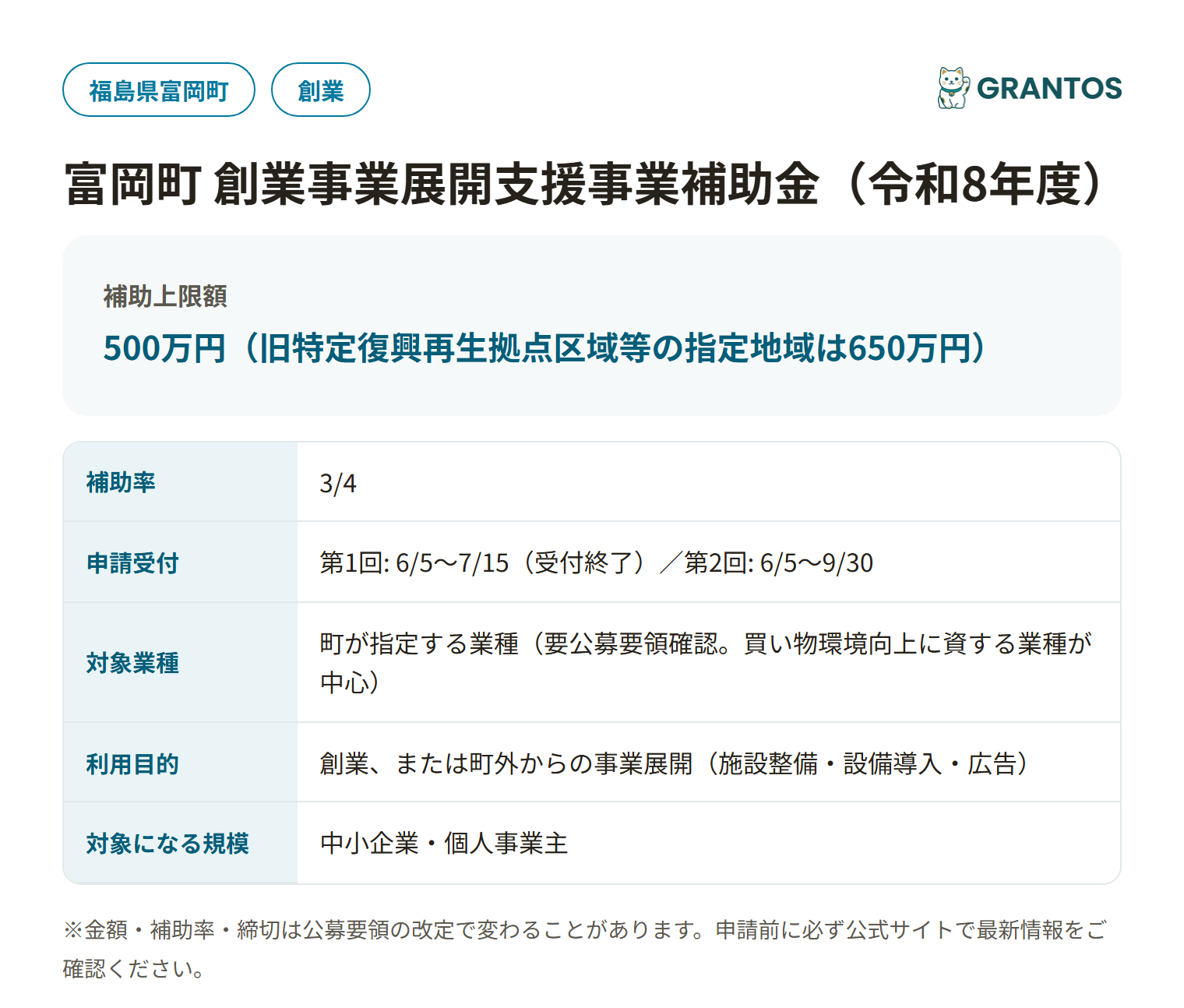 富岡町創業事業展開支援事業補助金の対象・金額・締切の概要