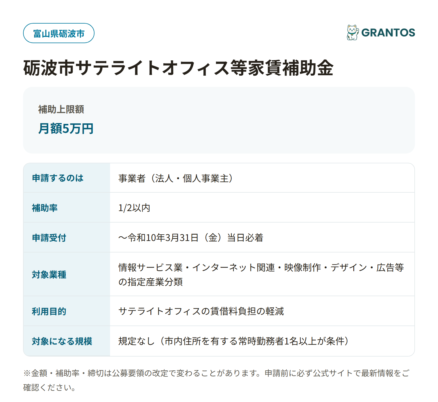 砺波市サテライトオフィス等家賃補助金の対象・金額・締切の概要