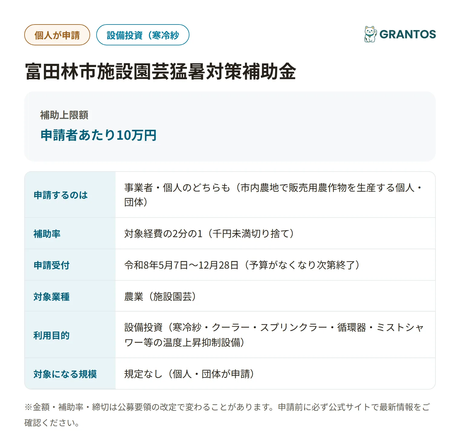 富田林市施設園芸猛暑対策補助金の対象・金額・締切の概要