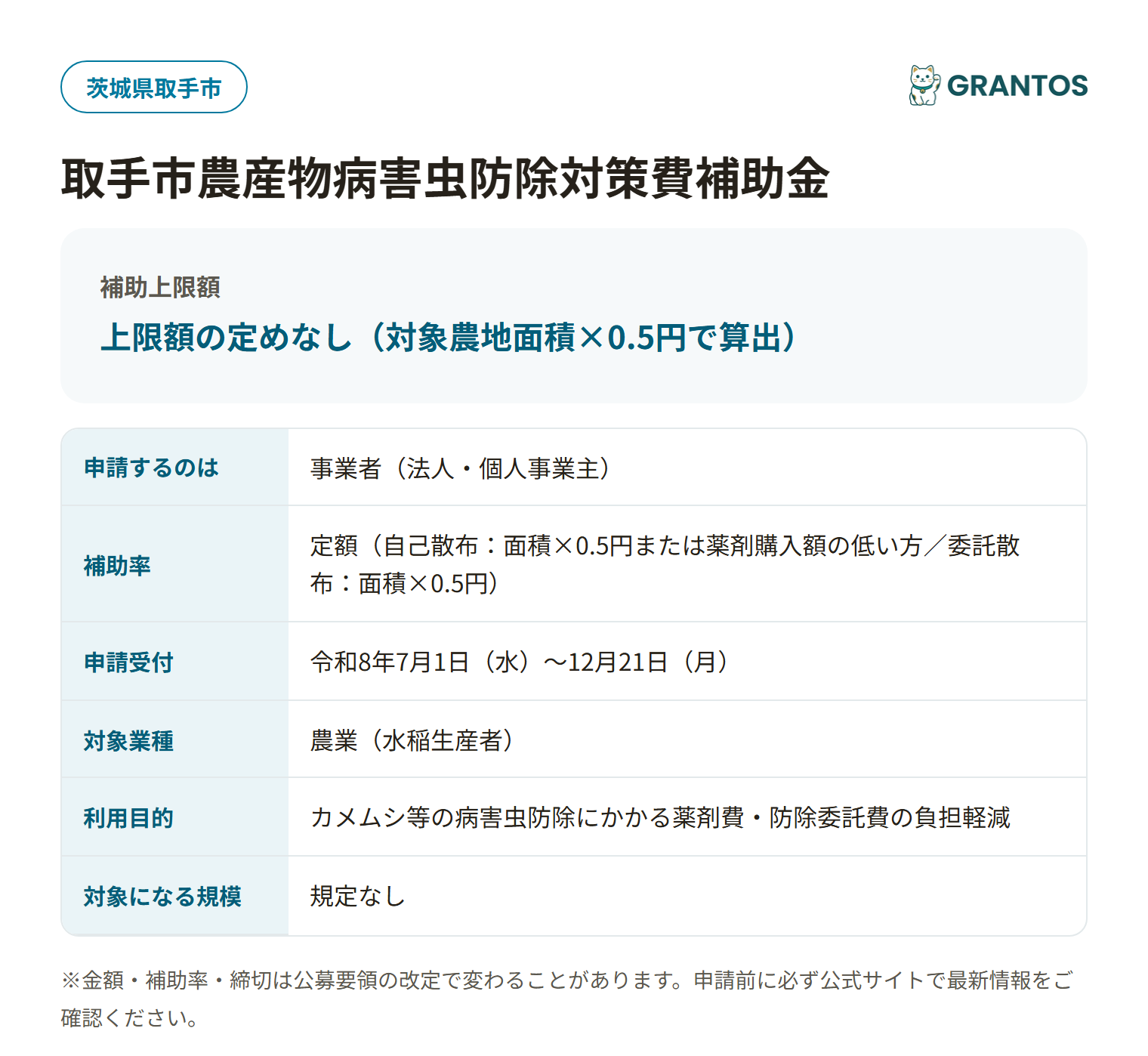 取手市農産物病害虫防除対策費補助金の対象・金額・締切の概要