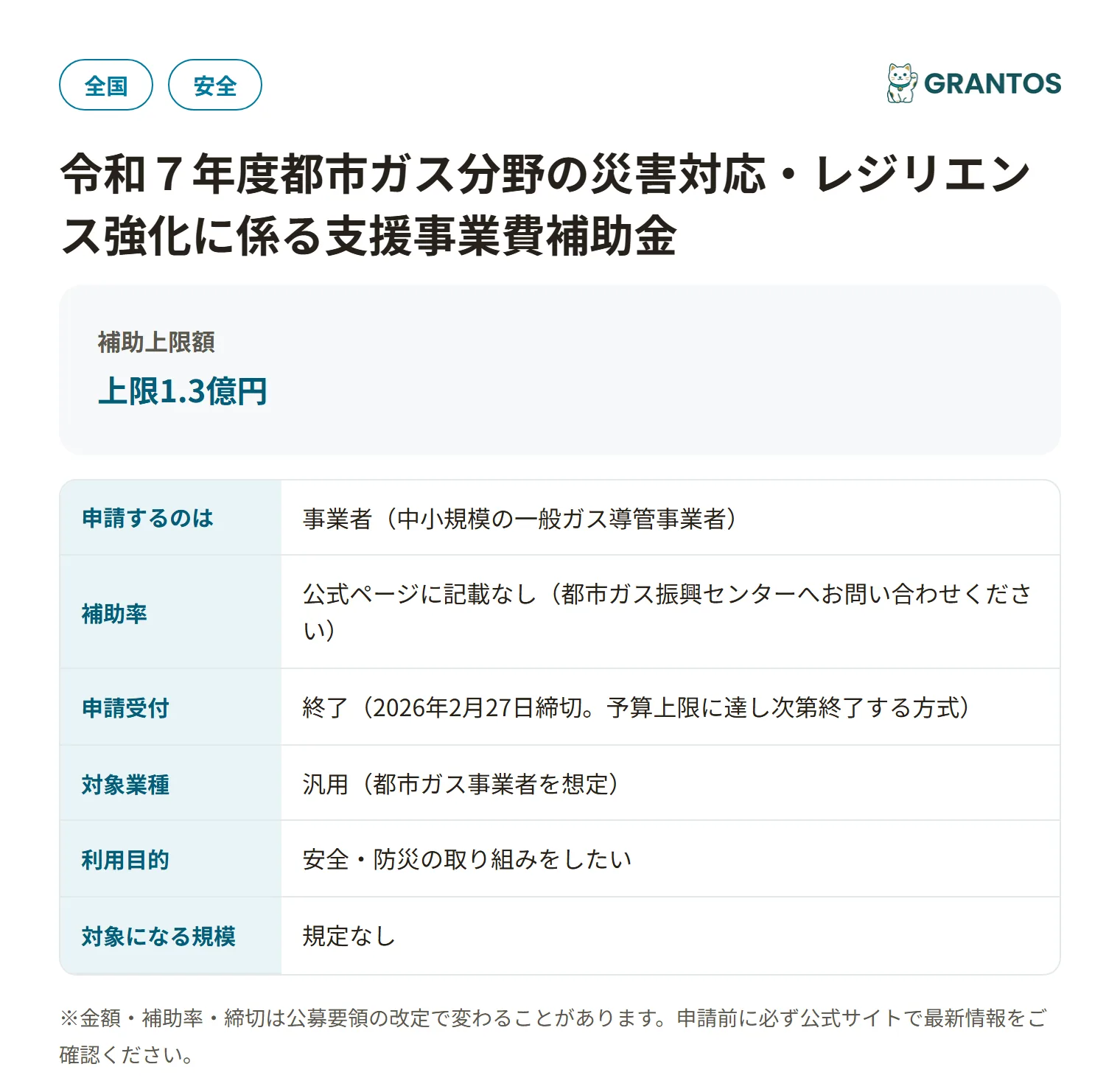 都市ガス災害対応・レジリエンス強化補助金の対象・金額・締切の概要