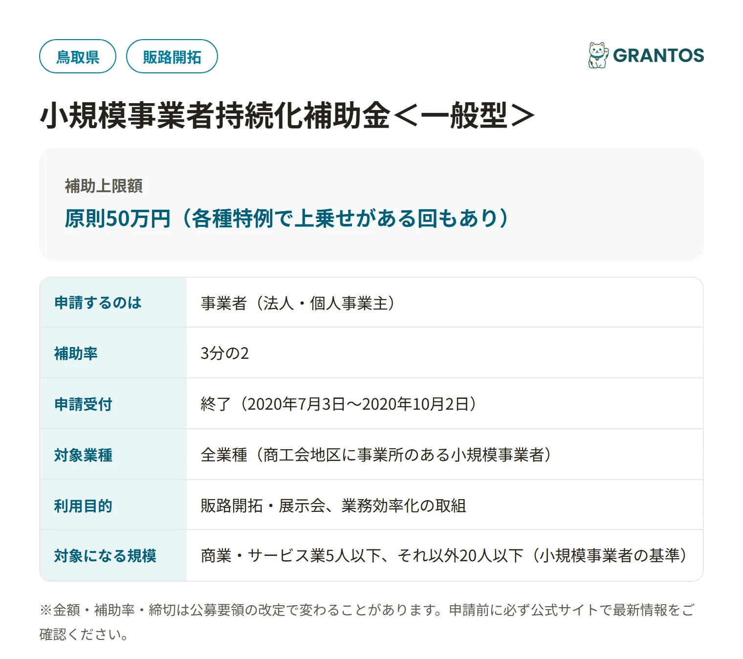 小規模事業者持続化補助金＜一般型＞の対象・金額・締切の概要