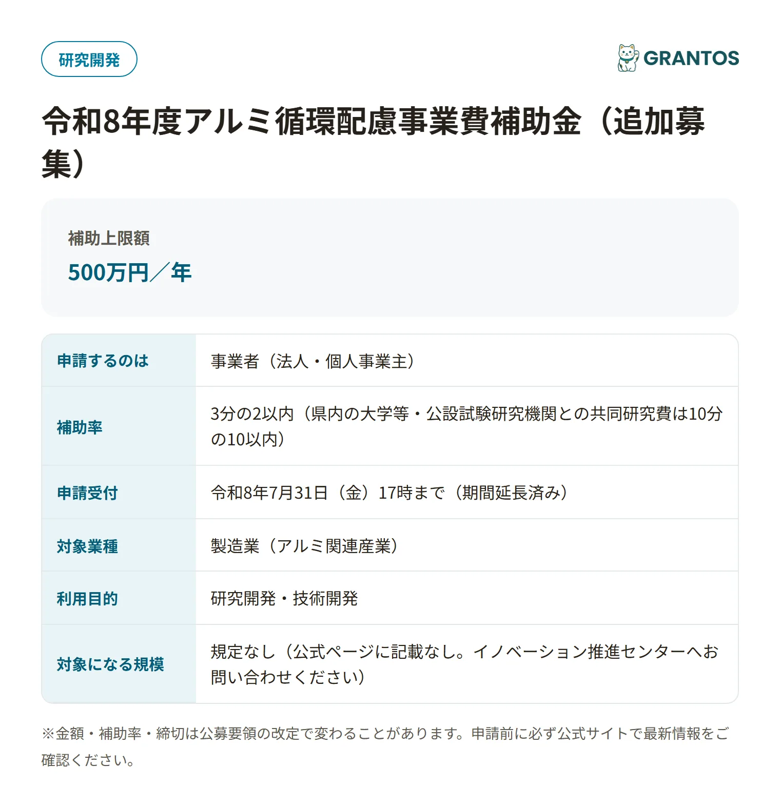 富山県アルミ循環配慮事業費補助金の対象・金額・締切の概要