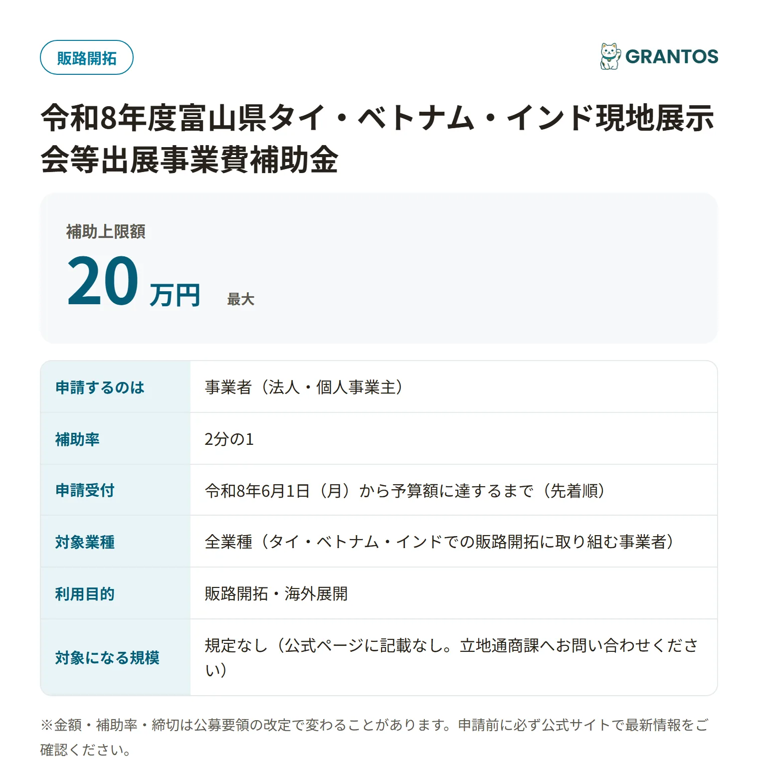 富山県タイ・ベトナム・インド現地展示会等出展事業費補助金の対象・金額・締切の概要