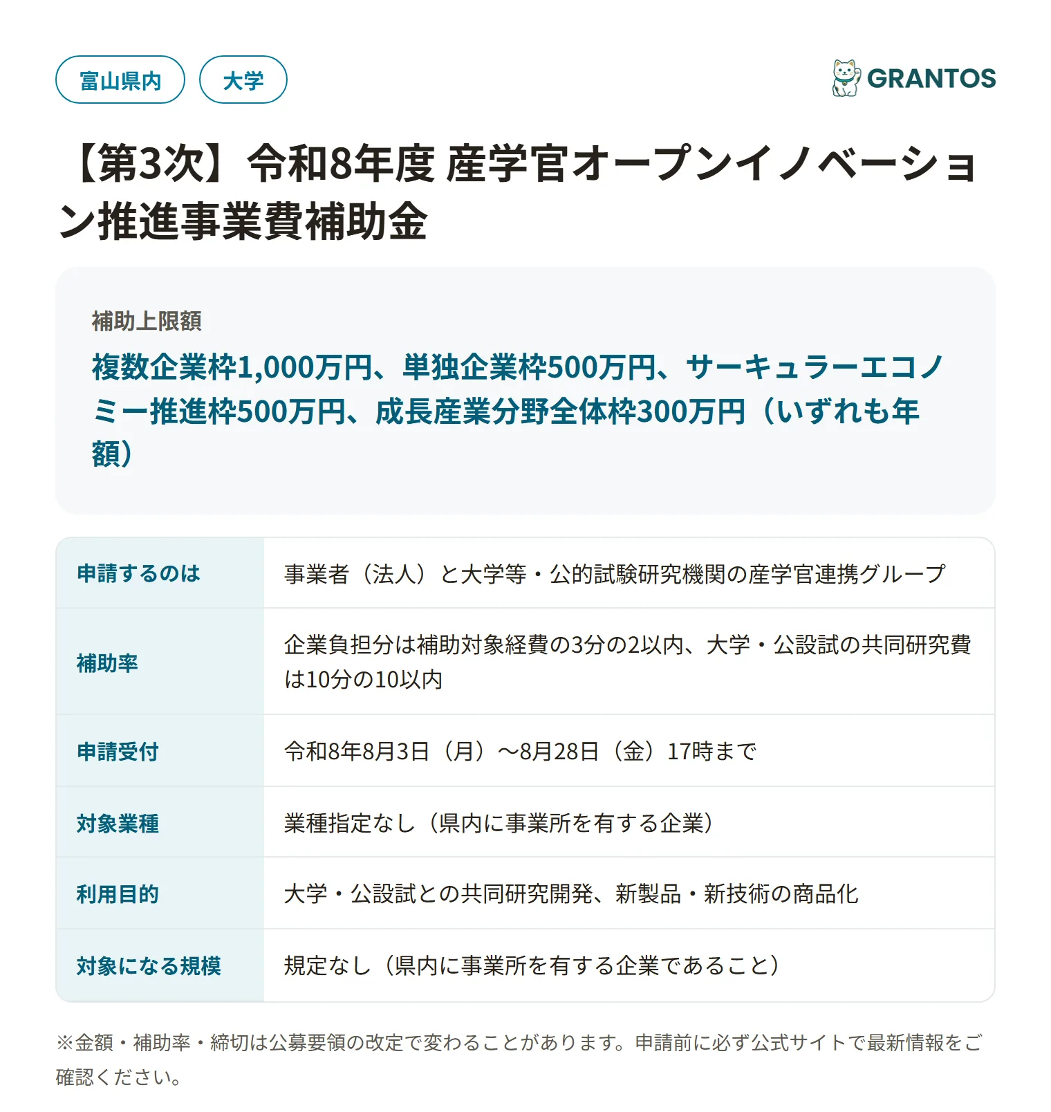 産学官オープンイノベーション推進事業費補助金の対象・金額・締切の概要