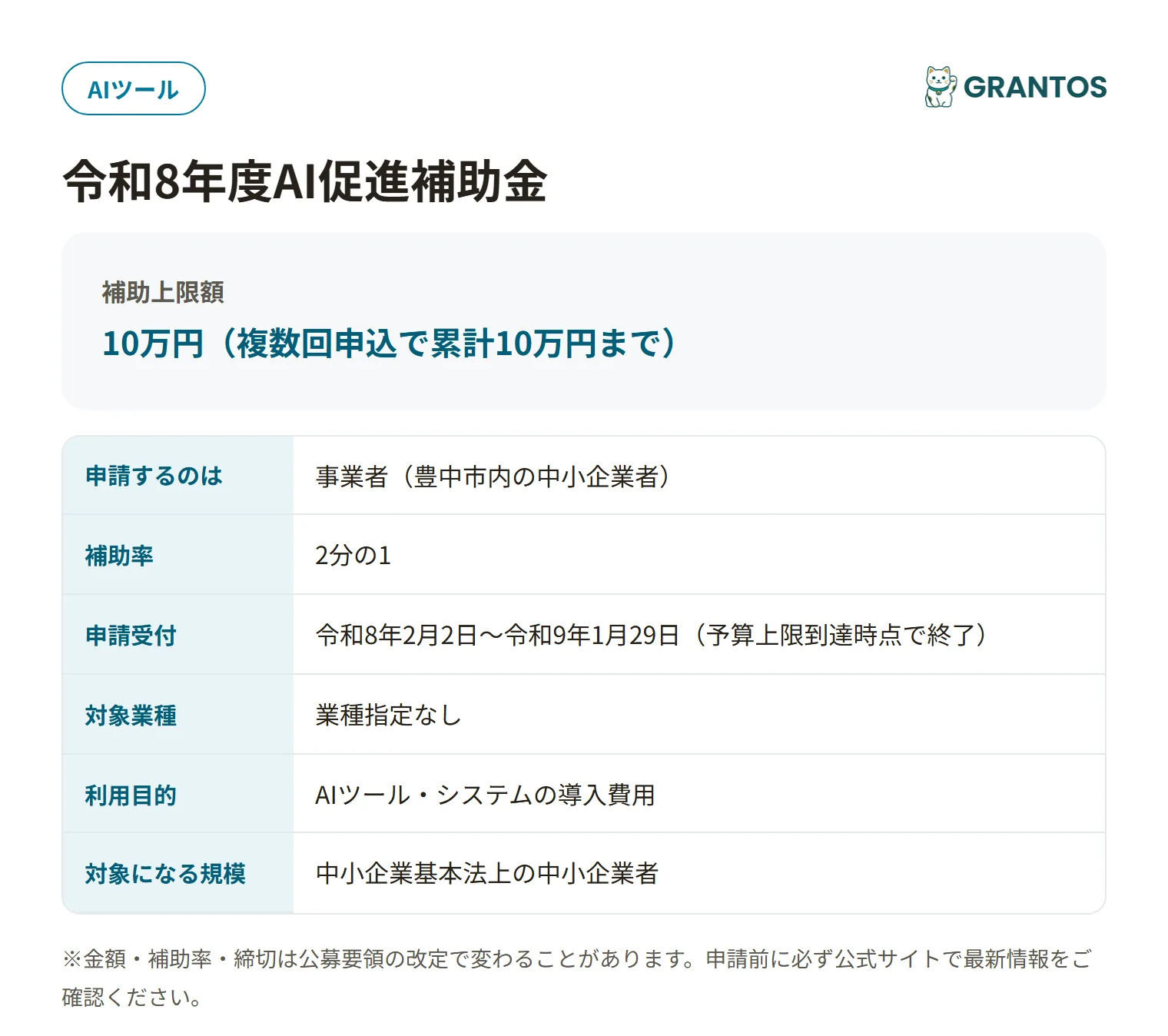 豊中市AI促進補助金の対象・金額・締切の概要
