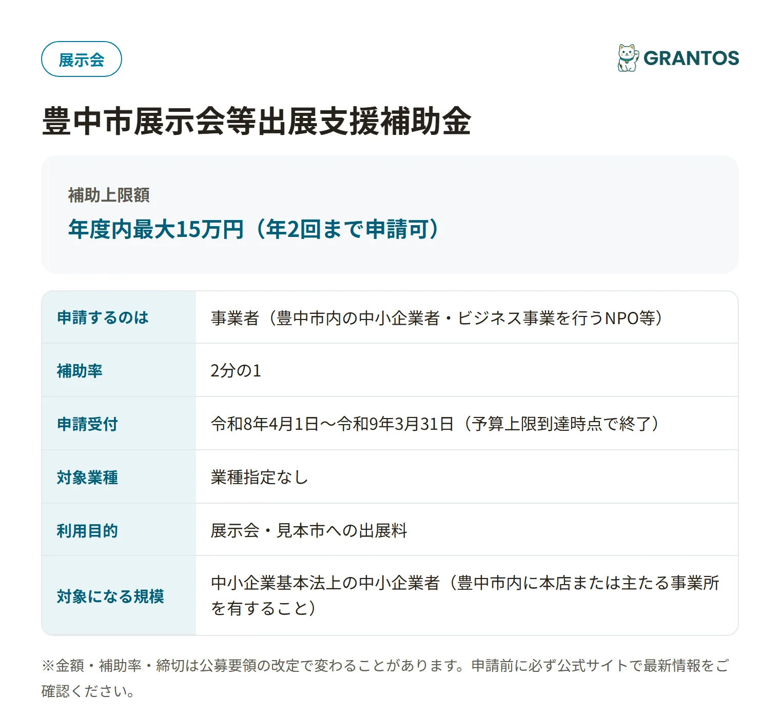 豊中市展示会等出展支援補助金の対象・金額・締切の概要