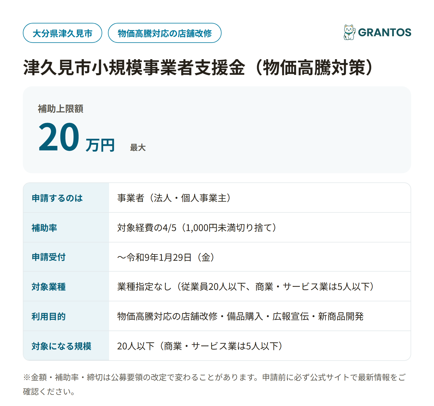 津久見市小規模事業者支援金の対象・金額・締切の概要