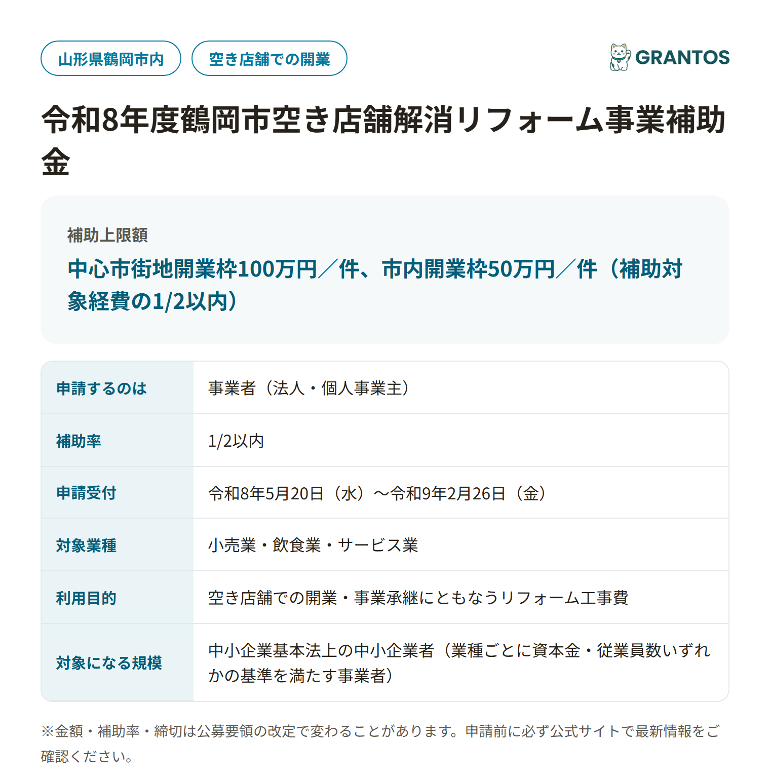 令和8年度鶴岡市空き店舗解消リフォーム事業補助金の対象・金額・締切の概要