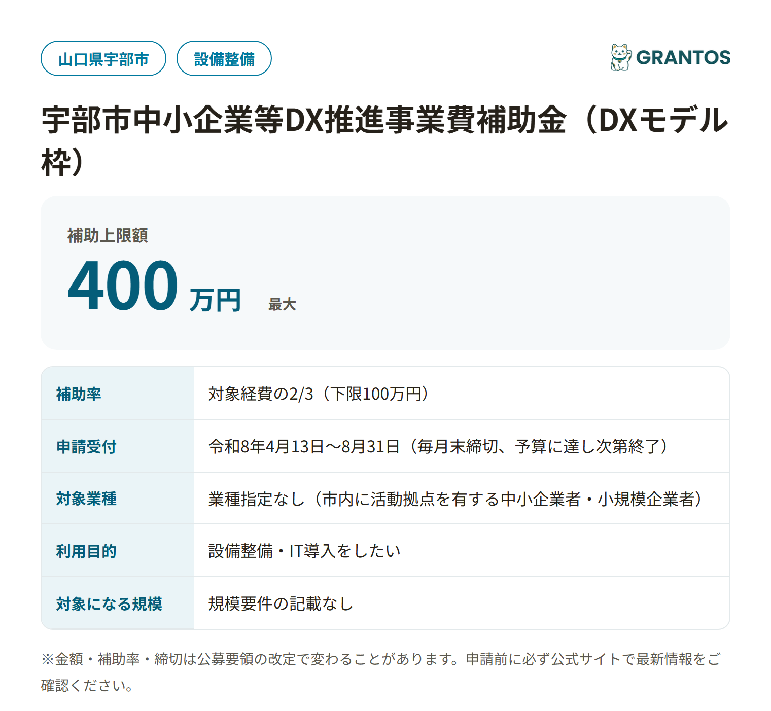 宇部市中小企業等DX推進事業費補助金（DXモデル枠）の対象・金額・締切の概要