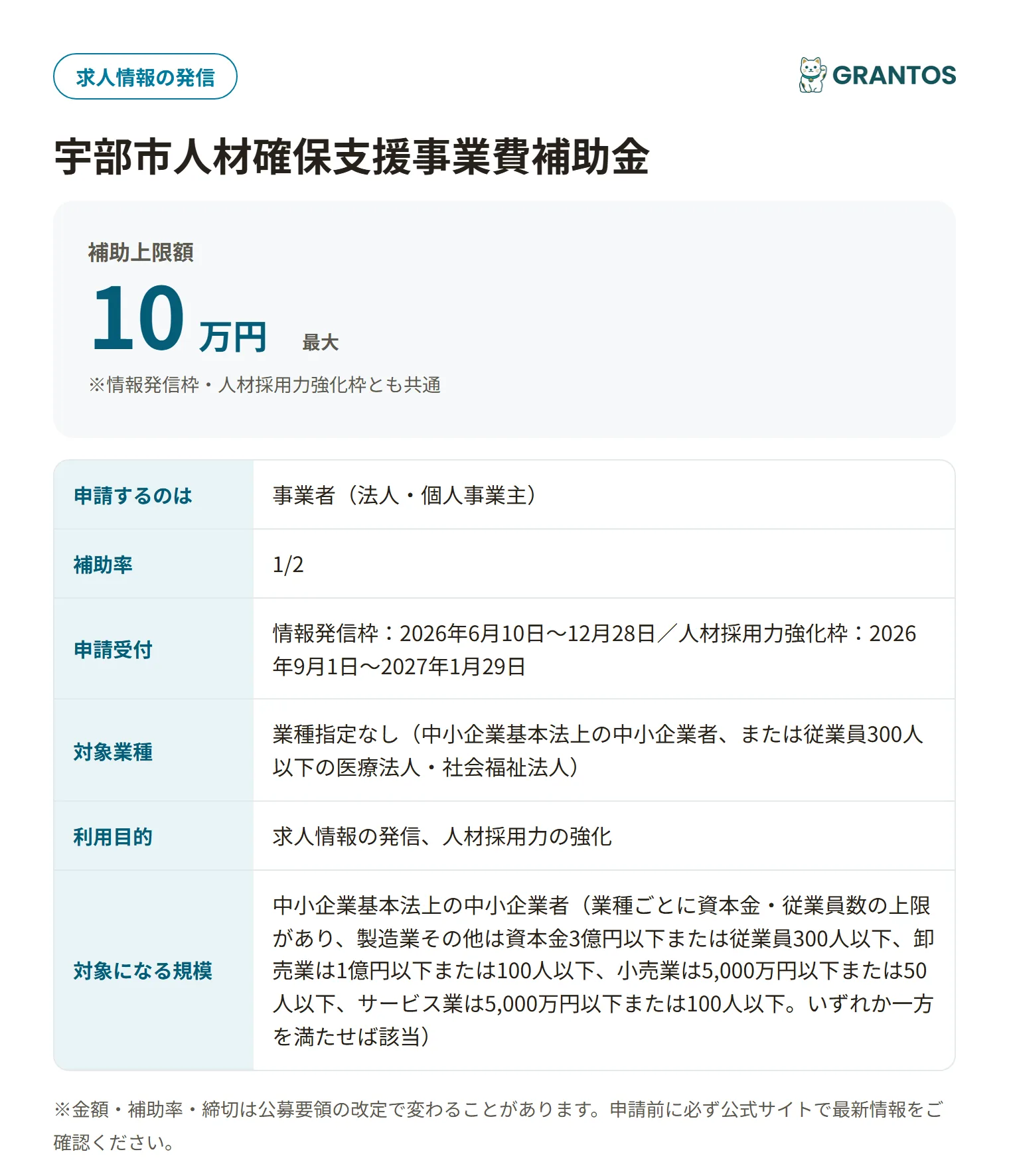 宇部市人材確保支援事業費補助金の対象・金額・締切の概要