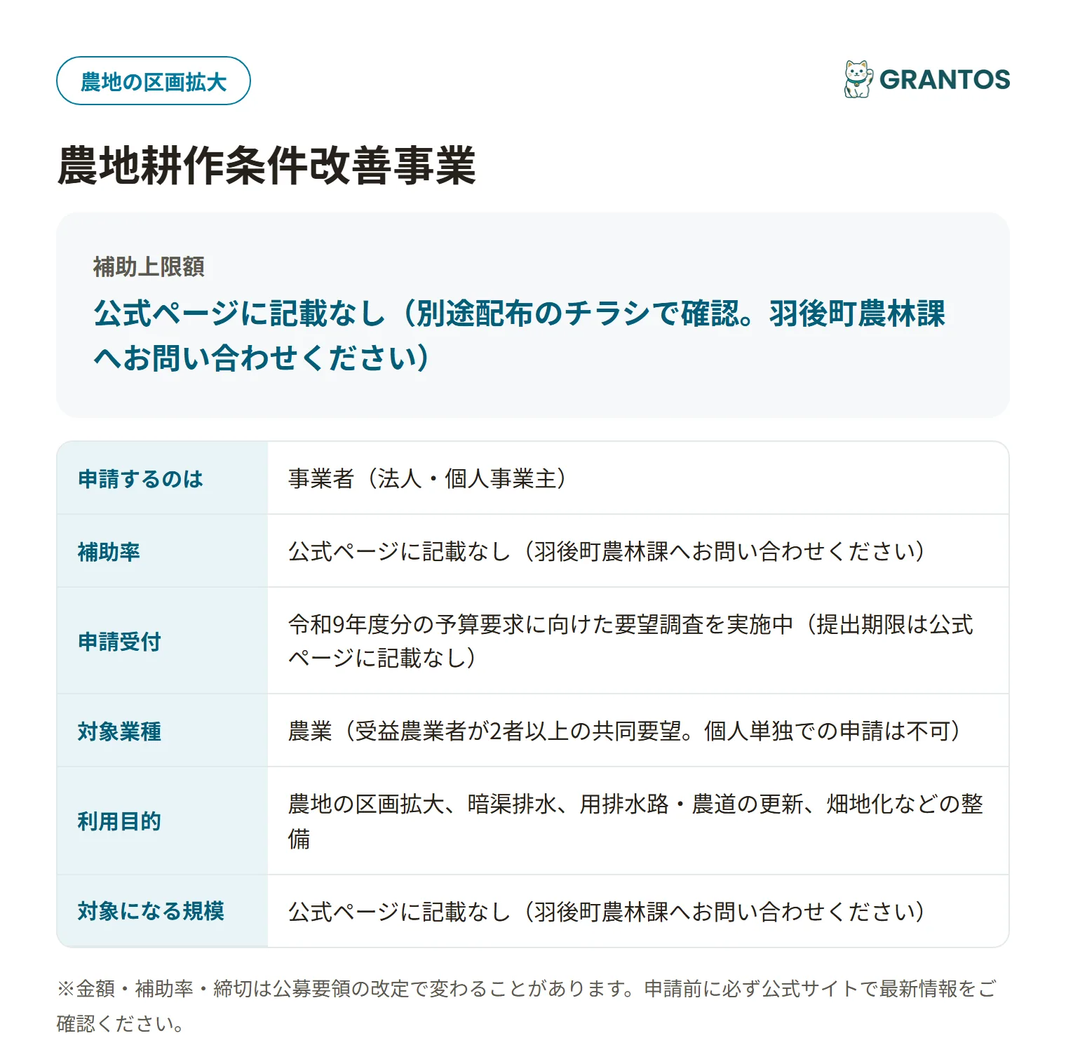農地耕作条件改善事業の対象・金額・締切の概要