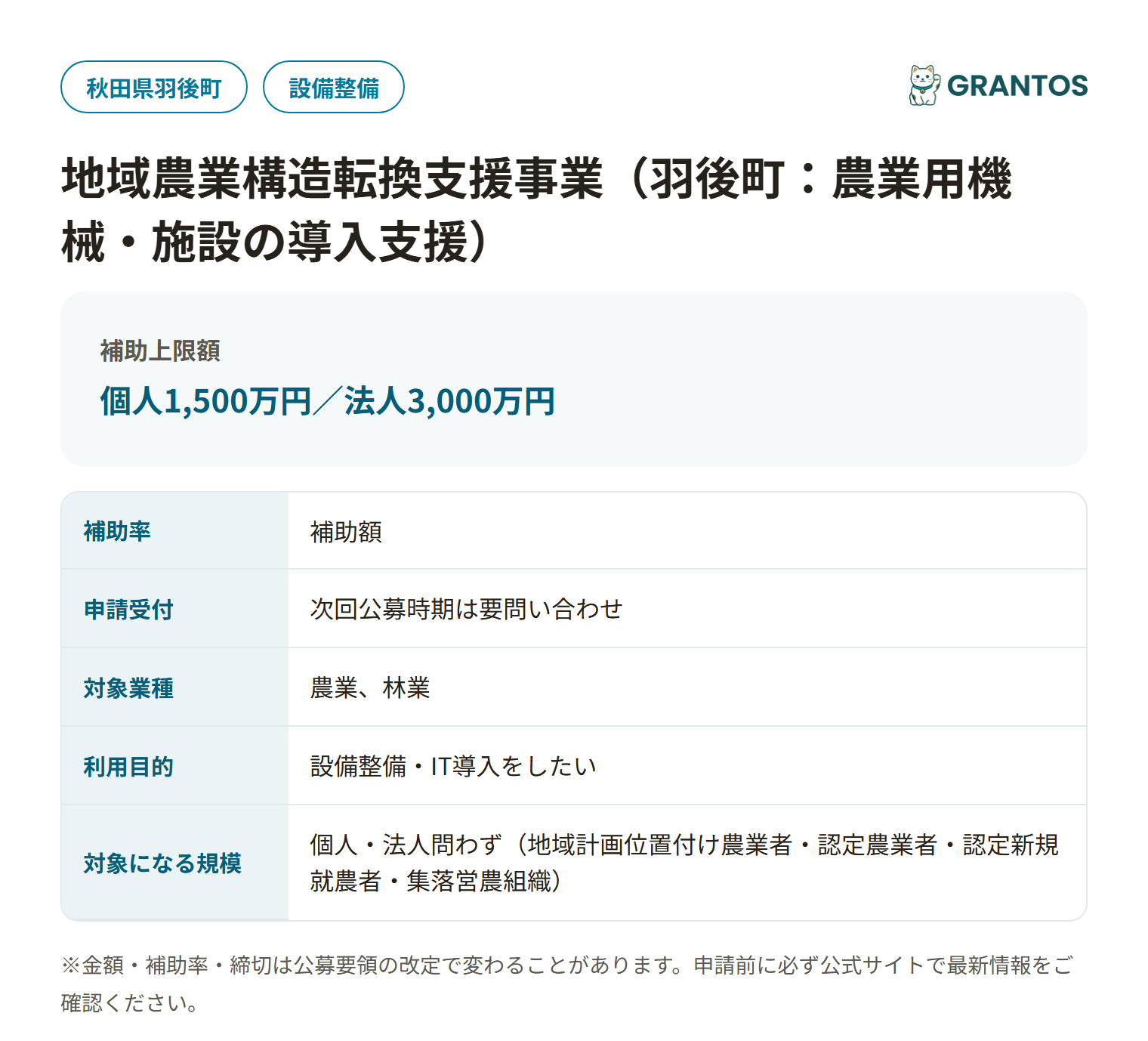 地域農業構造転換支援事業（羽後町）の対象・金額・締切の概要