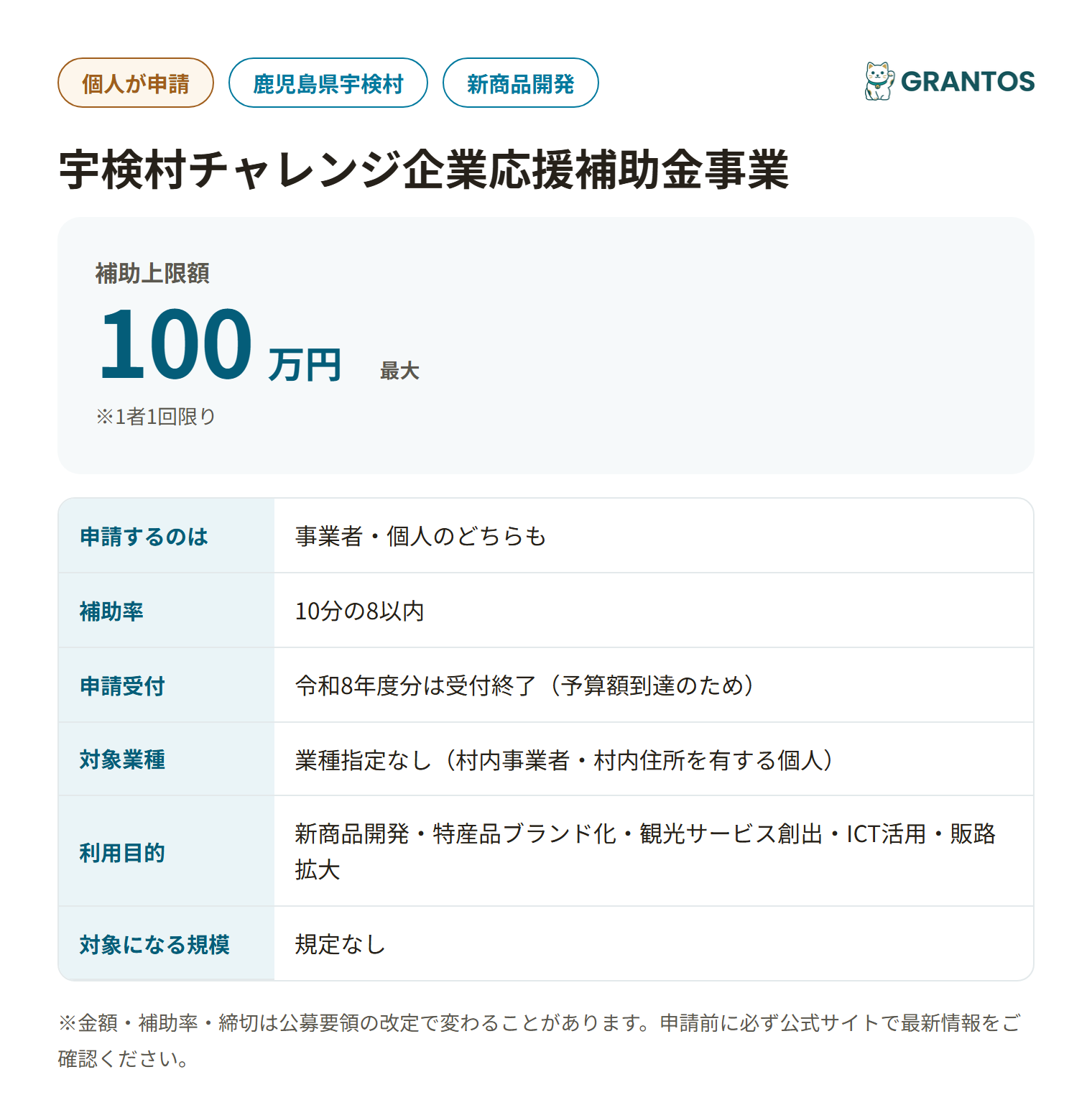 宇検村チャレンジ企業応援補助金事業の対象・金額・締切の概要