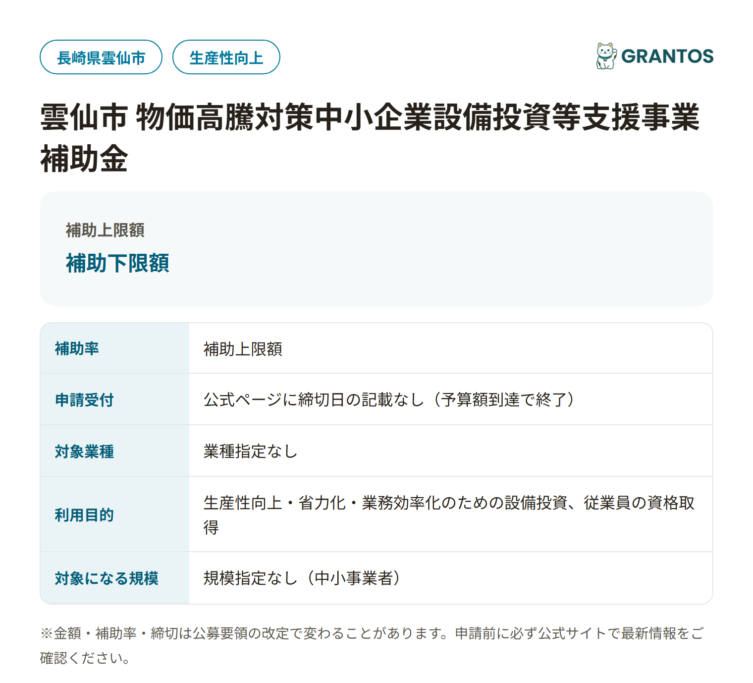 雲仙市物価高騰対策中小企業設備投資等支援事業補助金の対象・金額・締切の概要
