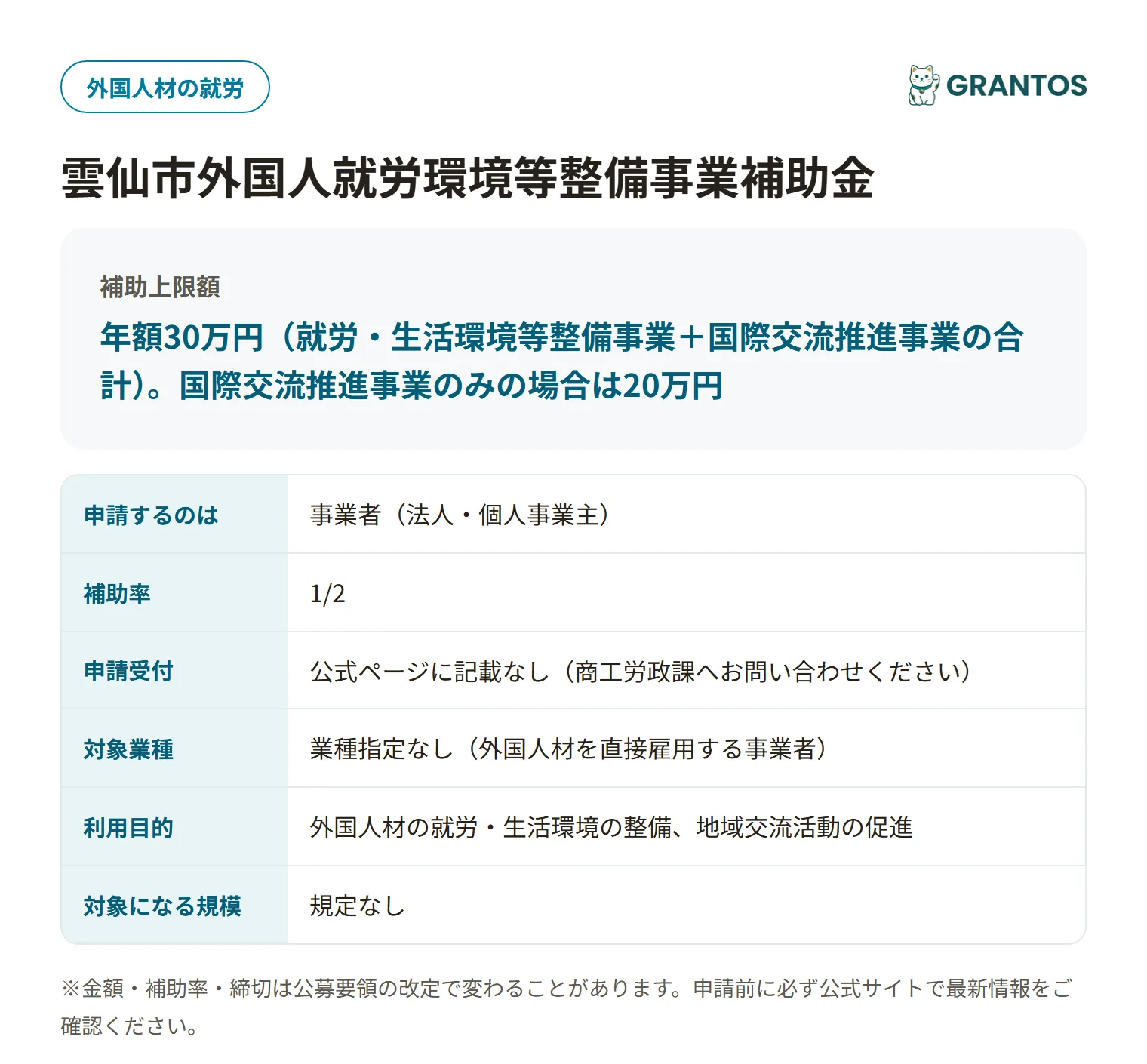 雲仙市外国人就労環境等整備事業補助金の対象・金額・締切の概要