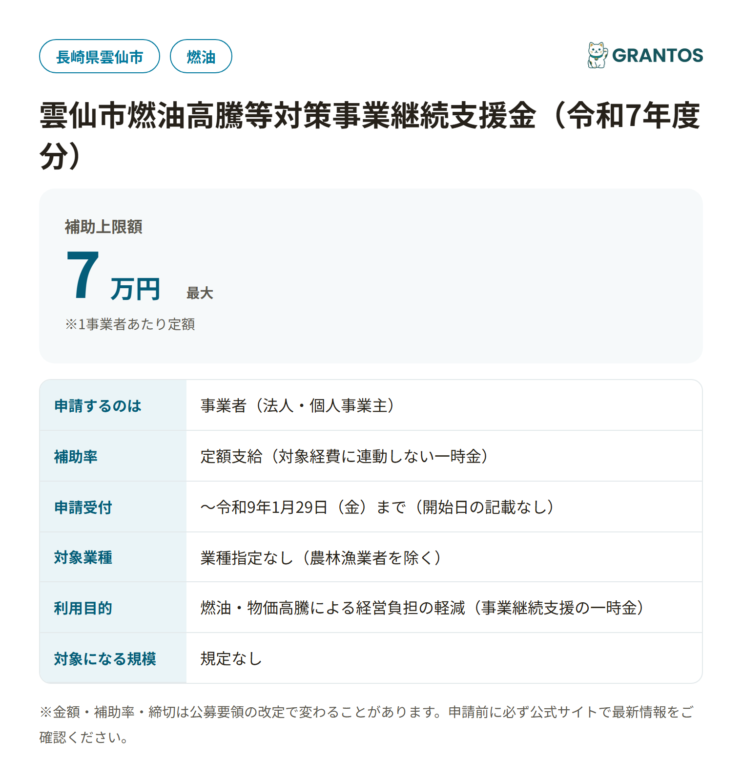雲仙市燃油高騰等対策事業継続支援金の対象・金額・締切の概要