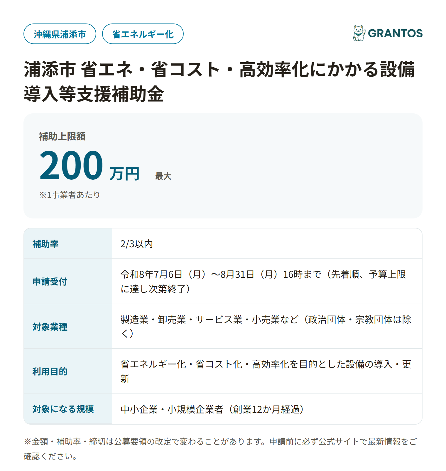 浦添市省エネ・省コスト・高効率化設備導入等支援補助金の対象・金額・締切の概要
