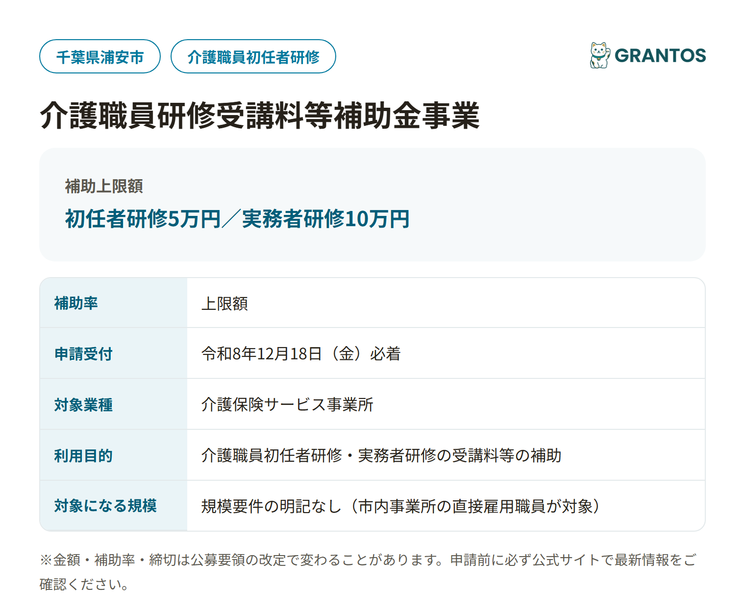 浦安市介護職員研修受講料等補助金事業の対象・金額・締切の概要