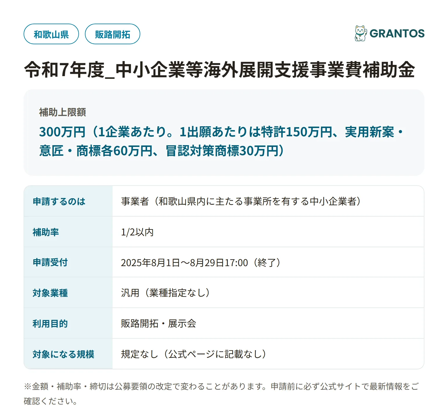 中小企業等海外展開支援事業費補助金（海外出願支援事業・二次募集）の対象・金額・締切の概要